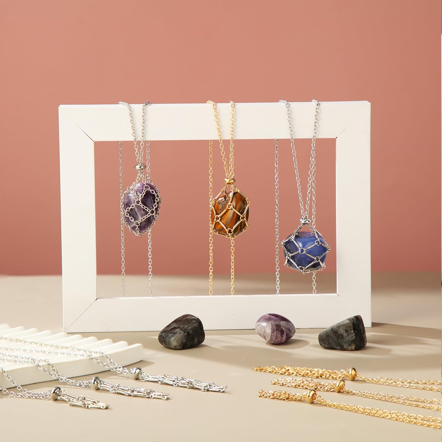 Landical 24 Pcs Crystal Holder Necklace Bulk 3 Sizes Crystal Stone Cage Necklace Adjustable Metal Valentine Gifts for Women - Image 7