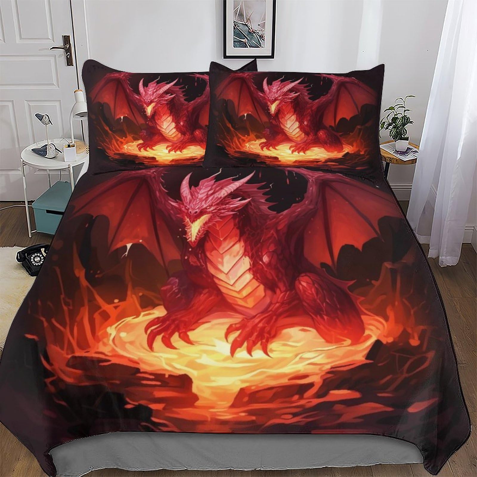 Parure de lit dragon 3 pièces anti-glisse avec housse de couette zippée