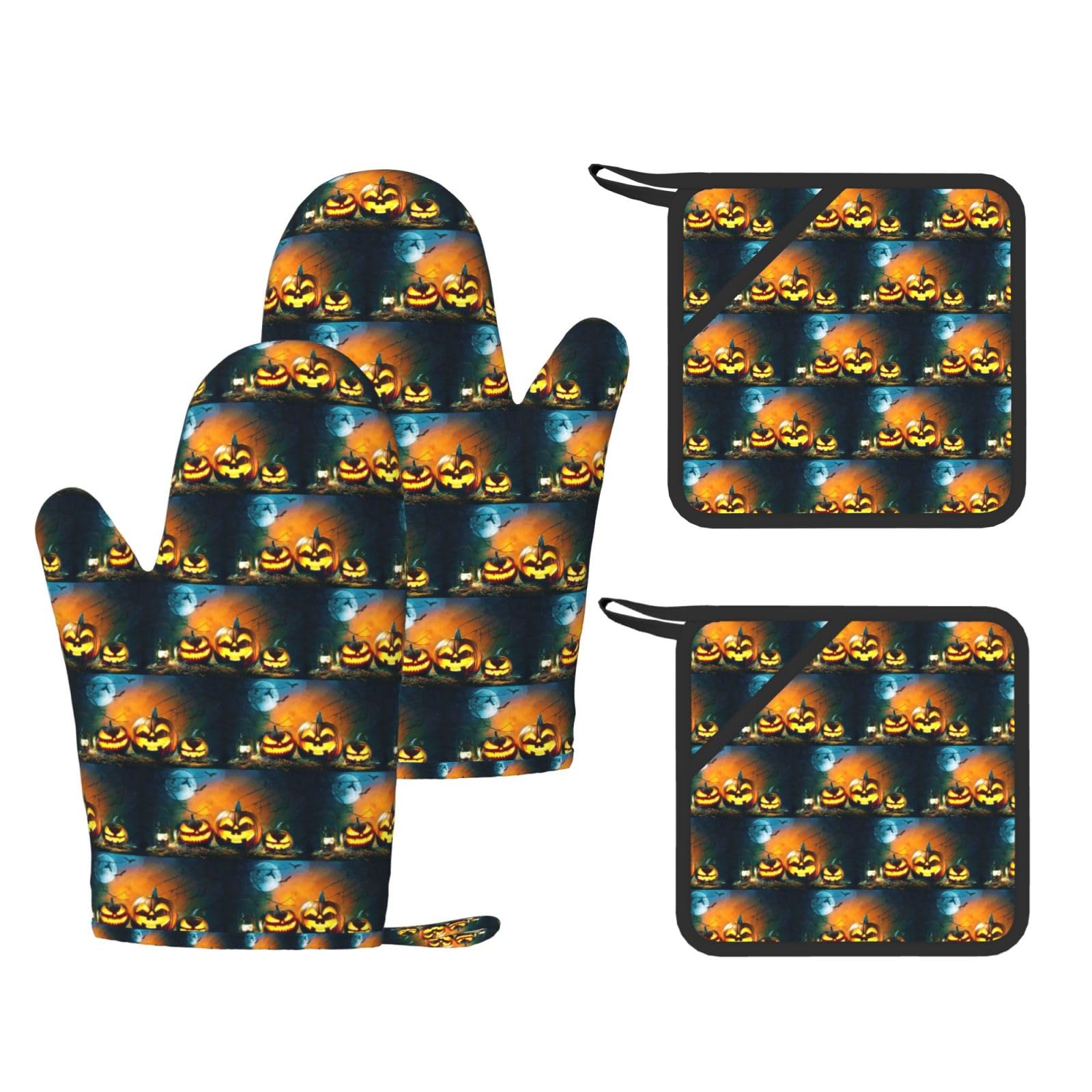 Halloween Pumpkin Printed Potholder and Oven Mitt Set of 4, High Heat Resistant Cooking Gloves for BBQ Grilling