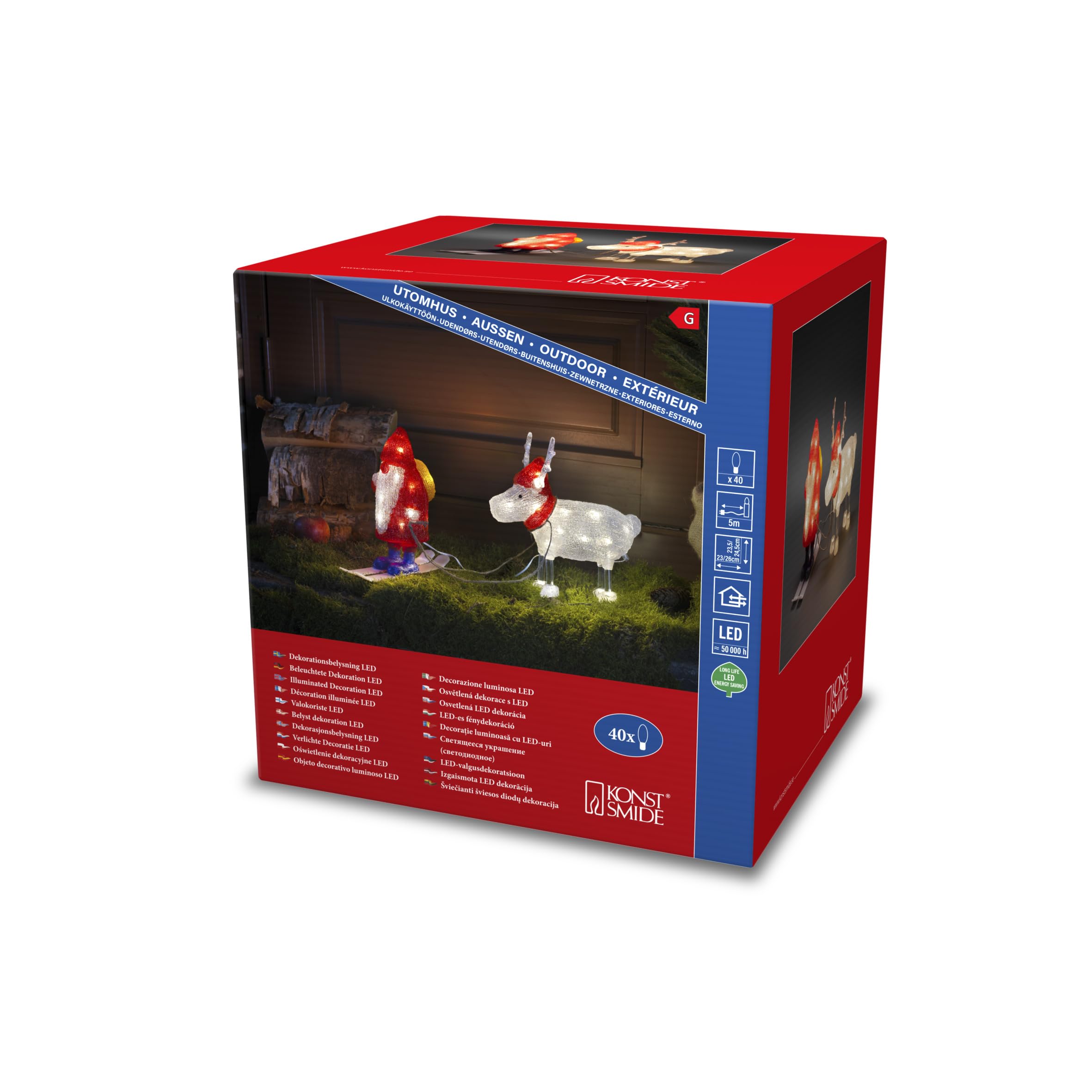 Konstsmide LED Acryl Weihnachtswichtel mit Rentier, 40 warm weiße Dioden, 24V, Außen (IP44), weißes Kabel - 6239-103, Rot/Weiß
