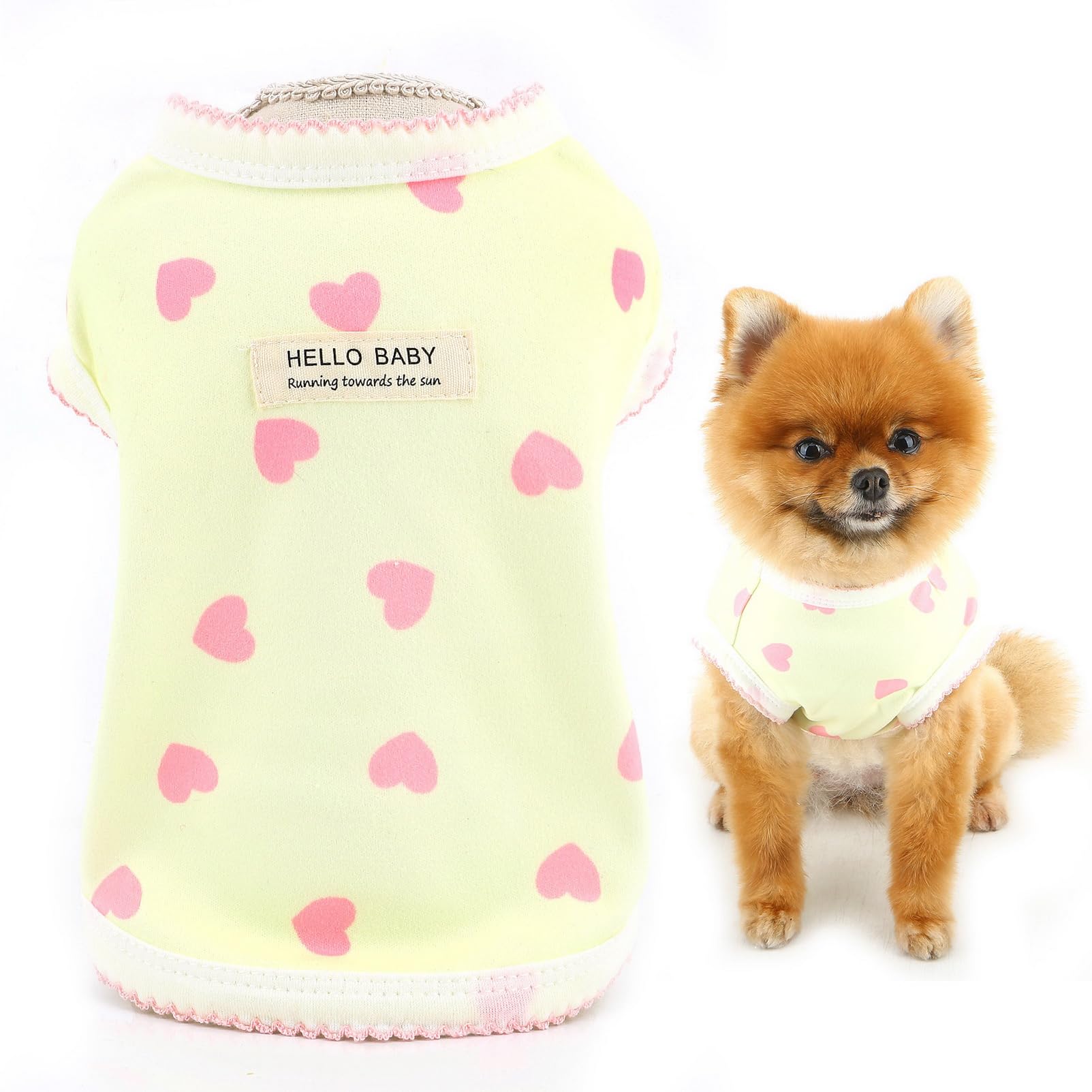 SMALLLEE_LUCKY_STORE Dog Shirt for Small Dog Girls, Pet Pullover T-Shirt with Heart Printed, Elastic Summer Clothes Ruffle Turn-Cuff Puppy Tank Top Chihuahua Yorkie Vest Cat Apparel, Yellow, S