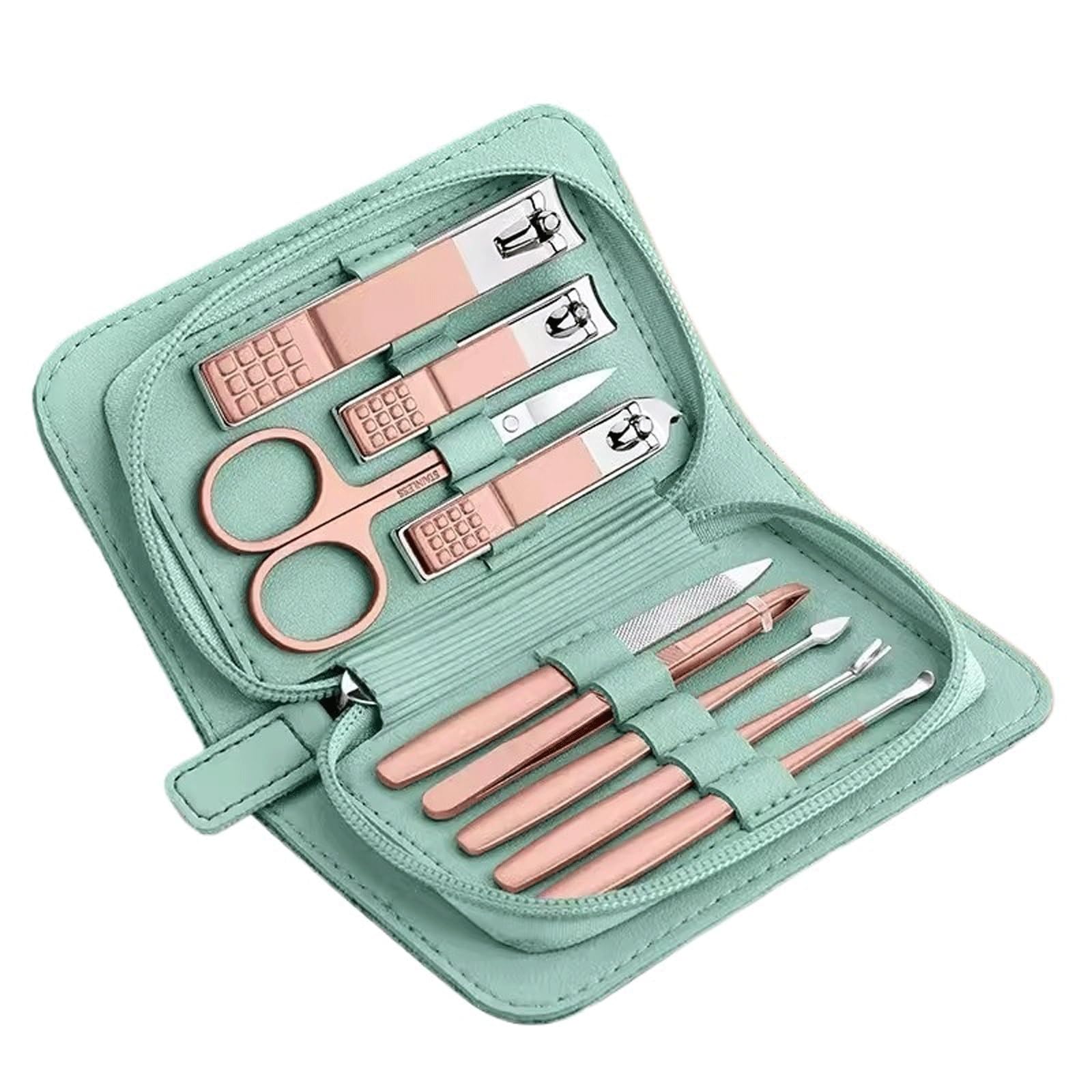 Set per la cura delle unghie, Set di forbici for unghie for uso domestico, cucchiaio for scavo, scatola for signora, pinze for rifinitura a bocca obliqua, strumenti for manicure | Light Green