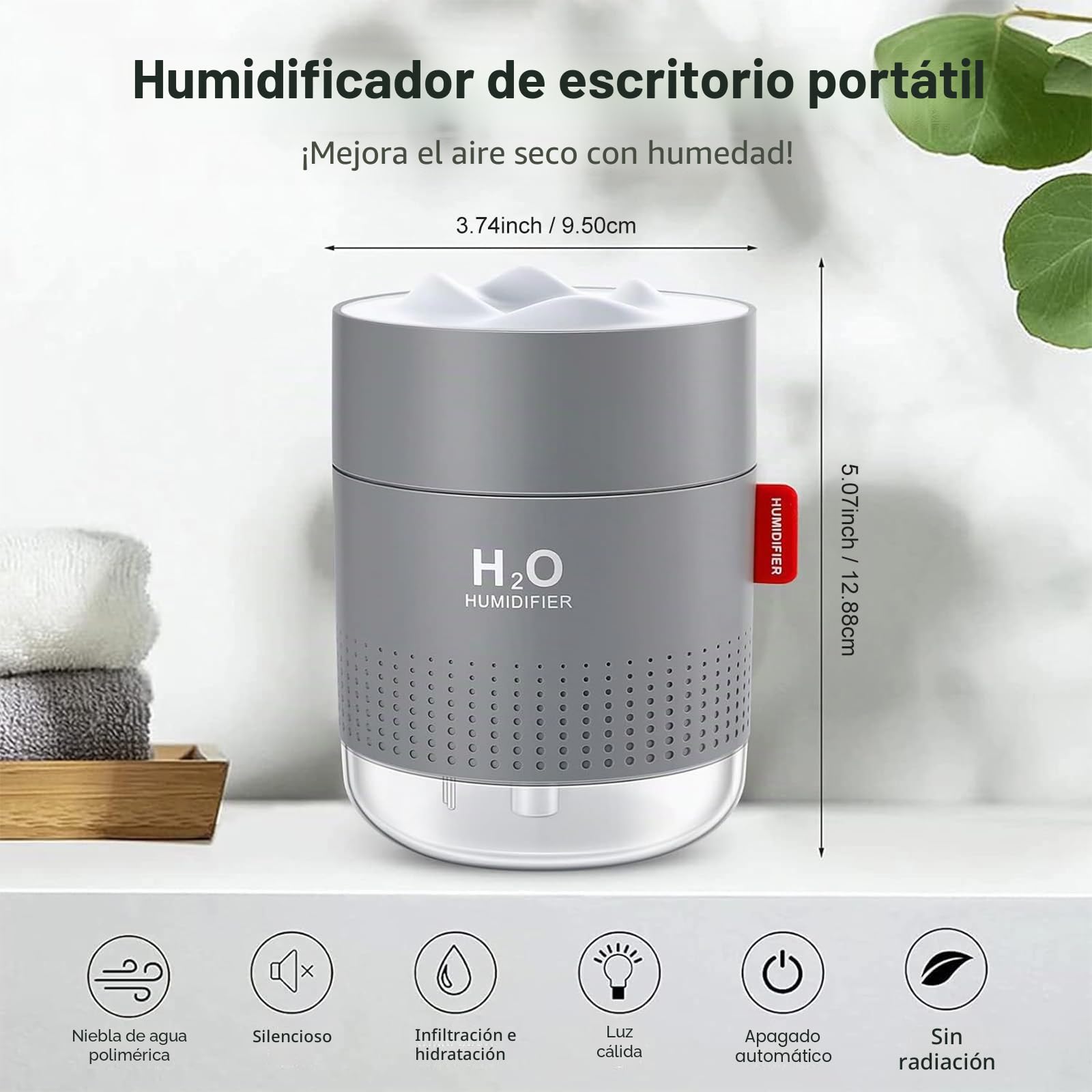 Humidificador de aire portátil 500 ml ultrasónico silencioso con luz y apagado automático
