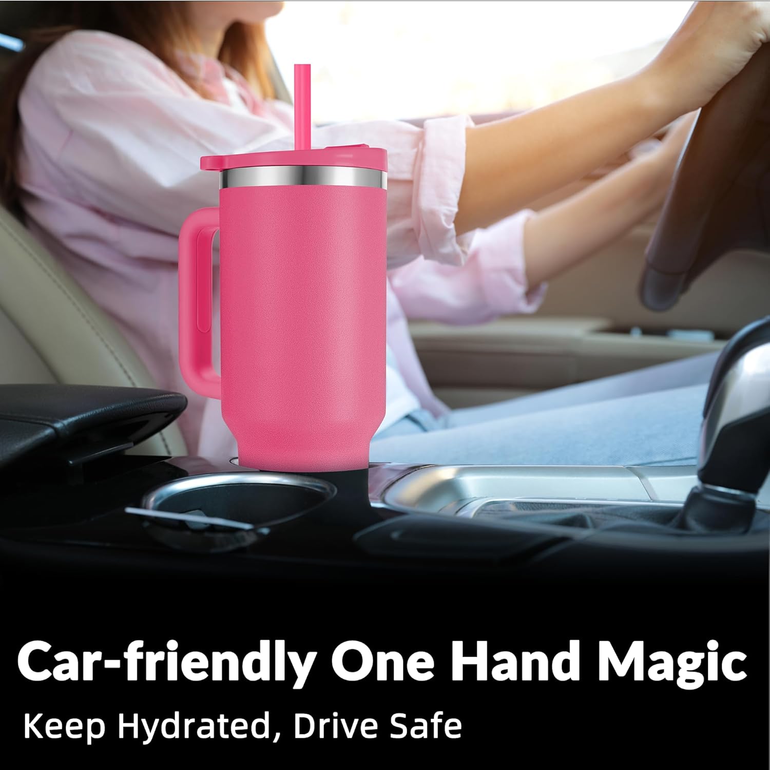 WETOWETO 40oz Tumbler with Handle | Insulated Stainless Steel Travel Mug | 34Hrs Cold & 10Hrs Hot Retention | 100% Leakproof Lid & Straw | Dishwasher Safe + Car Cup Holder Fit (Bright Pink) - Image 5