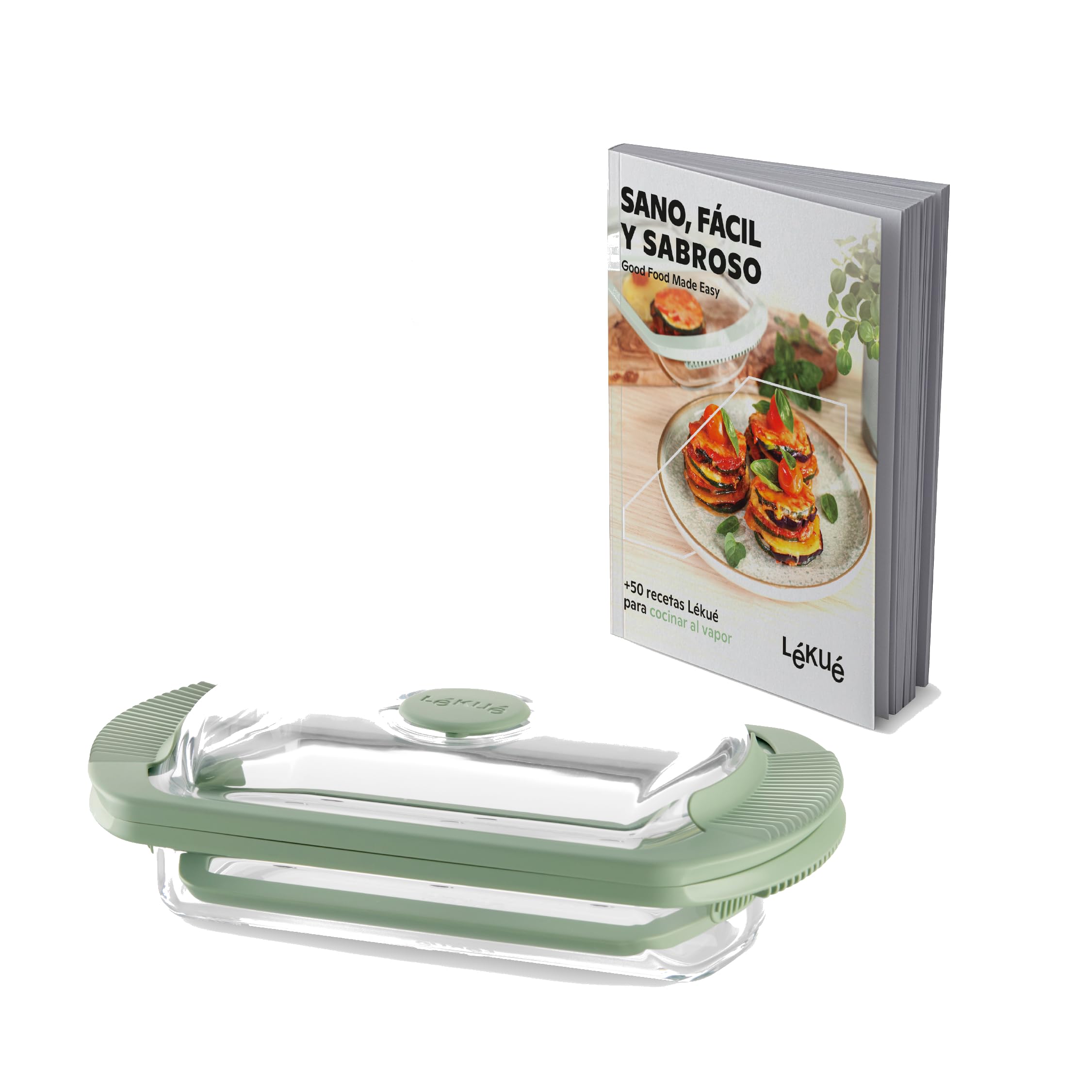 Lékué Estuche de vapor de vidrio transparente con libro de recetas en español, 2 personas, 750 ml