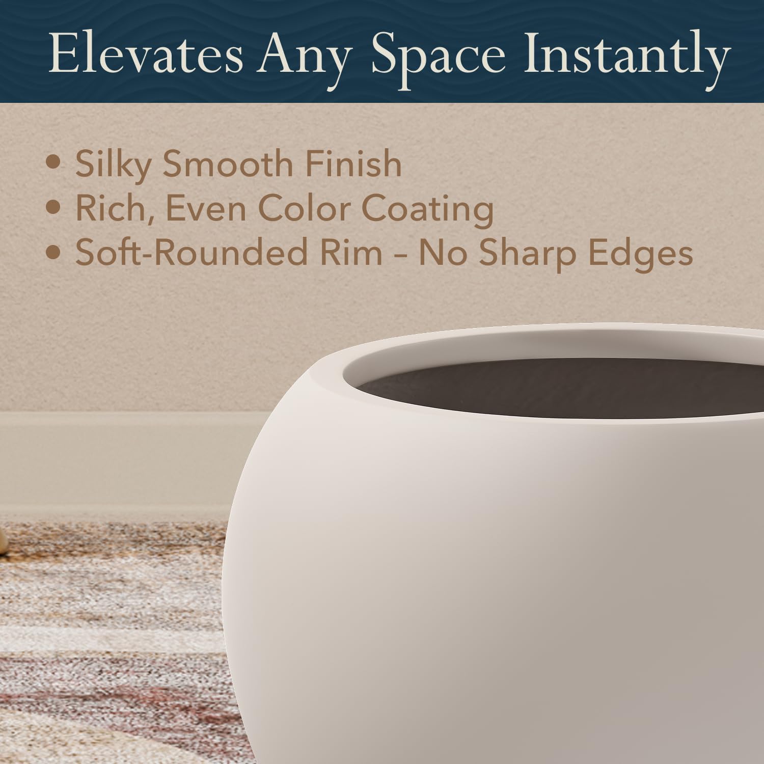KUTE NEST 12.8"H x 16"D Premium Globo Fiberstone Round Planter with Drainage Hole, Smooth Finishes, Weather Resistant for Indoor and Outdoor Use, Included 2 Extra Coco Mats (Taupe, 10.7" Pot Opening)