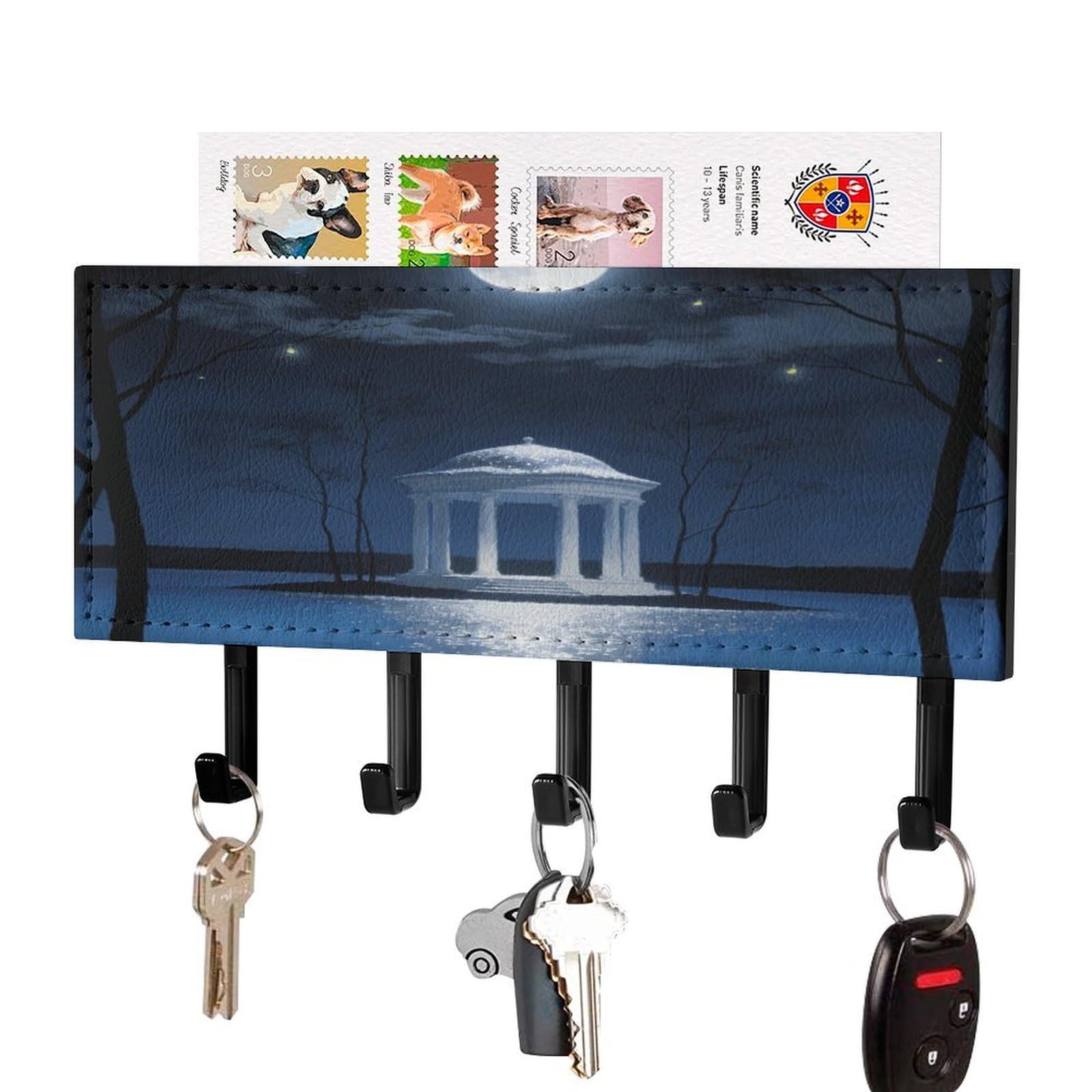 Vstadank Black-Style Moonlit Key Holder Wall Mount Pu Key Rack Decorative Key And Mail Holder Wall Key Organizer With 5 Key Hooks Key Hanger For Entryway Kitchen Living Room Office Doorway Decor Black