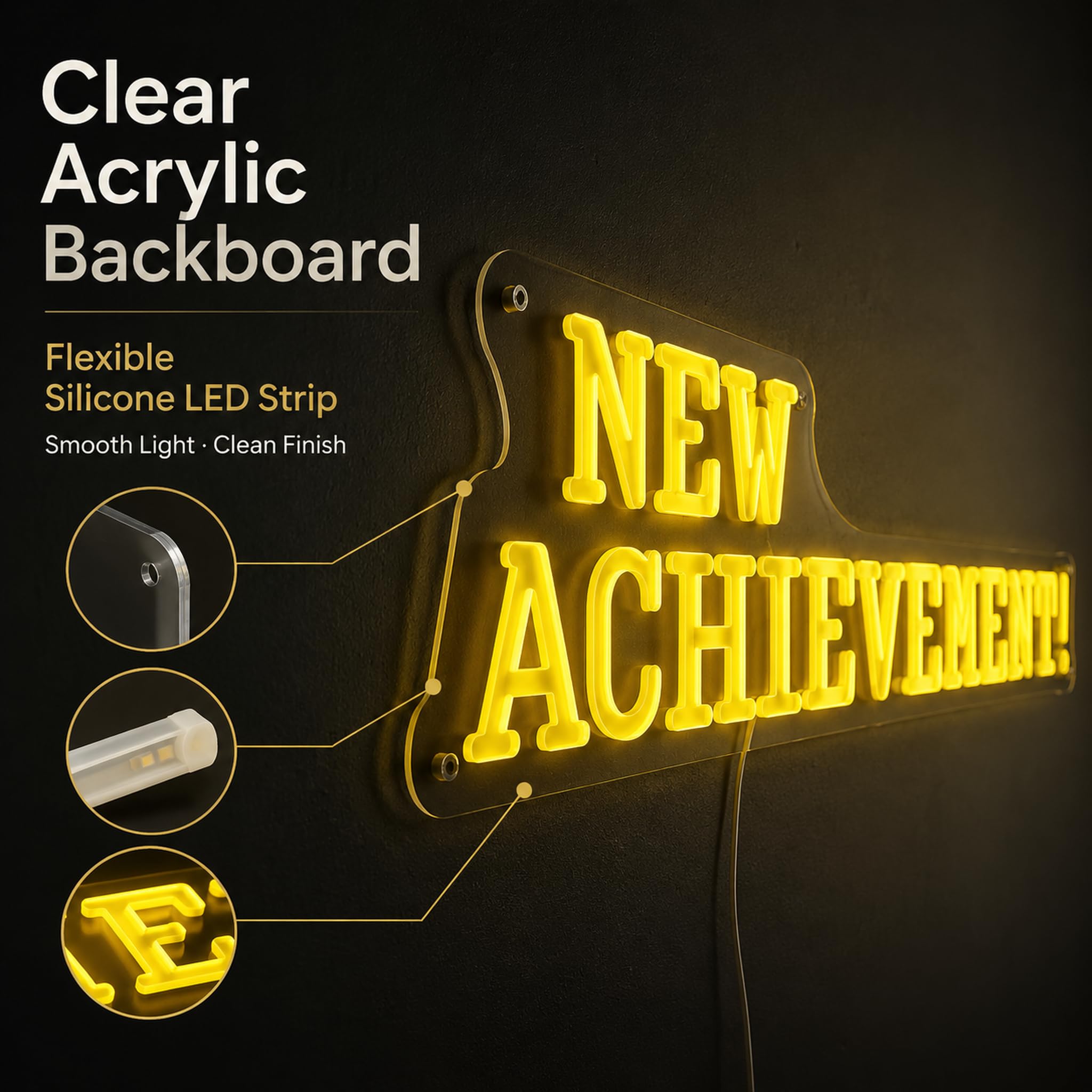 Targa al neon con scritta "NEW ACHIEVEMENT!", 45 x 15,2 cm, decorazione da parete a LED gialla, con retro in acrilico, alimentata tramite USB, per la stanza dei videogiochi, per la camera da letto e