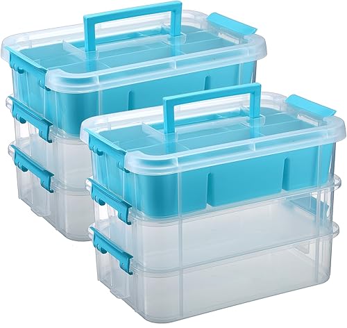 Miniatura 13 de JUXYES Paquete de 2 Cajas de Almacenamiento Apilables y Portátiles de 3 Niveles con Bandeja Dividida, Contenedor de Almacenamiento Apilable Negro