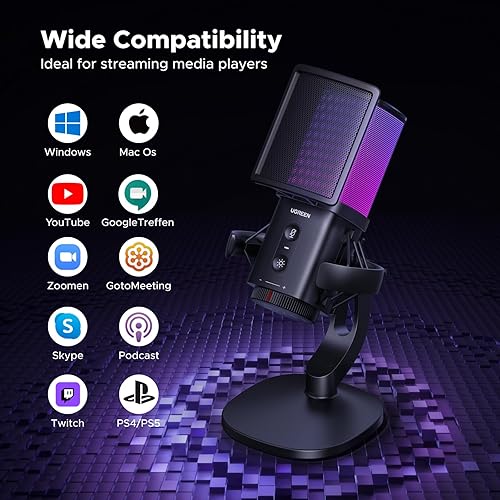 Miniatura 8 de UGREEN Micrófono para juegos, micrófono para PC de 24 bits96 kHz, con silencio rápido, filtro pop, soporte de choque, perilla de volumen, patrón