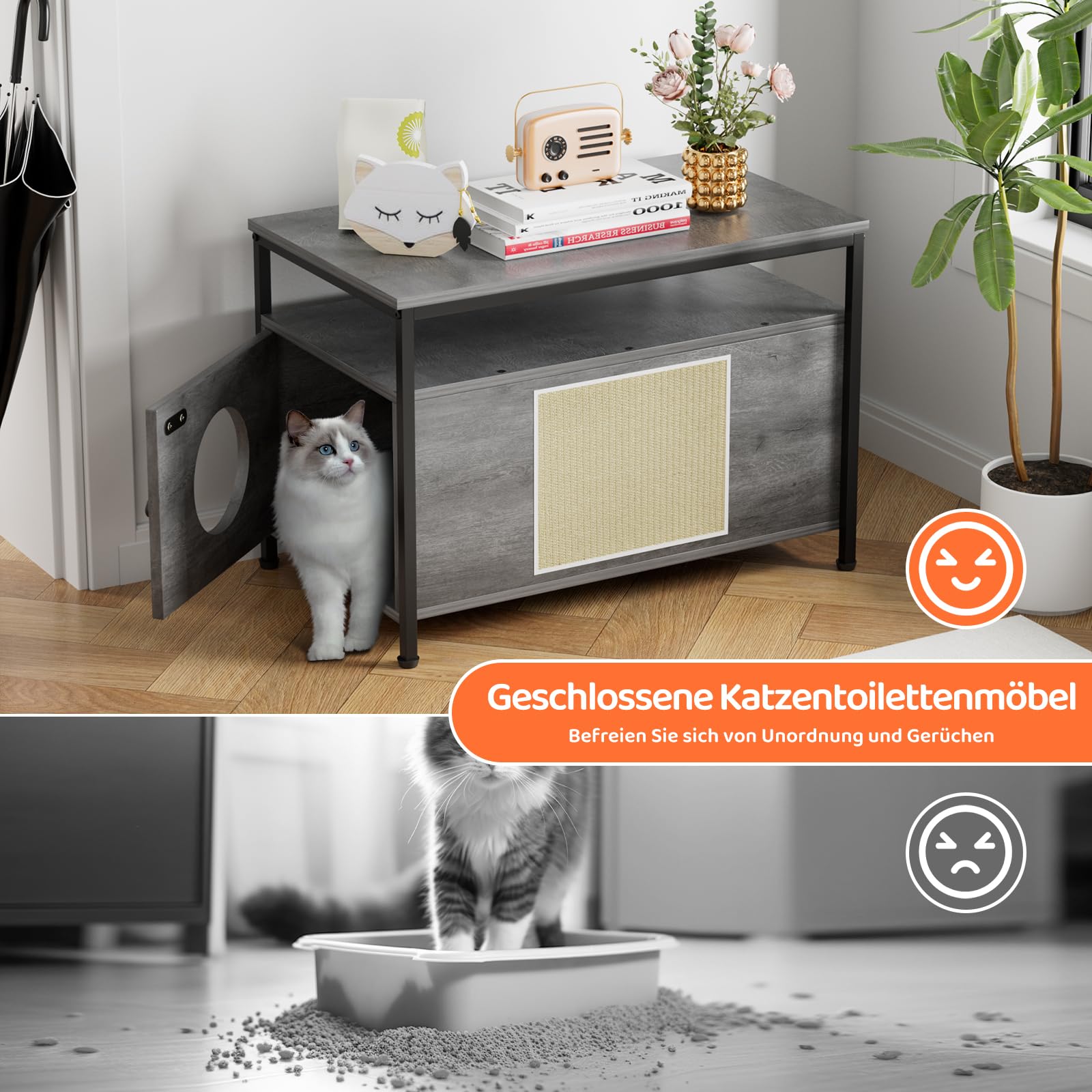 MAMIZO Mobile Lettiera per Gatti, Casetta in Legno, 80 x 50 x 59 cm, Armadietto per Gatti, Casa per Gatto Multifunzione con Ripiano Aperto, (Grigio, XL)