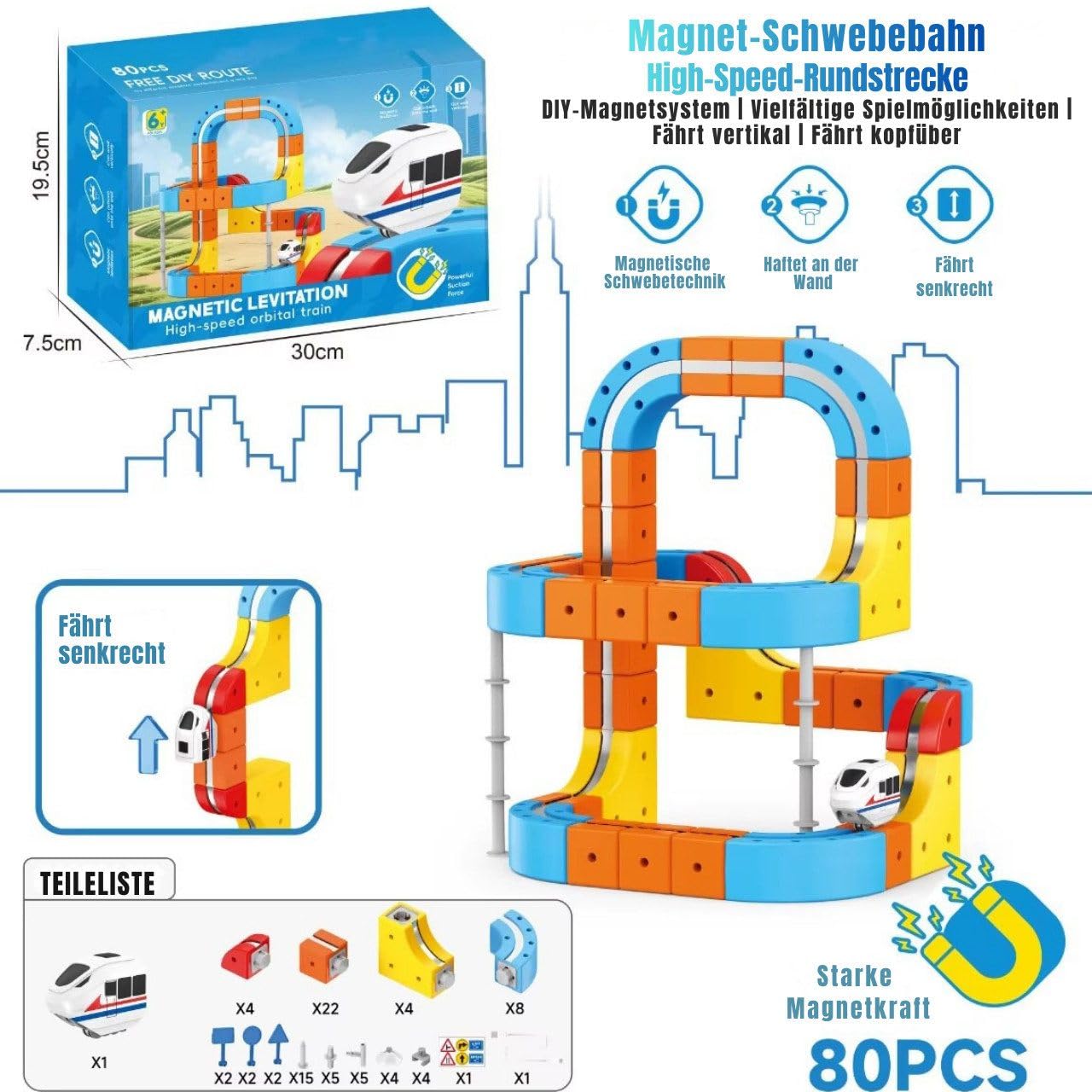 Flexible 3D Rennbahn mit Kurven, Steigungen & Loopings, motorisiertes Fahrzeug, modulares magnetisches Stecksystem, kreatives Bauspiel für Kinder, 56/80/150 Teile Set (150)