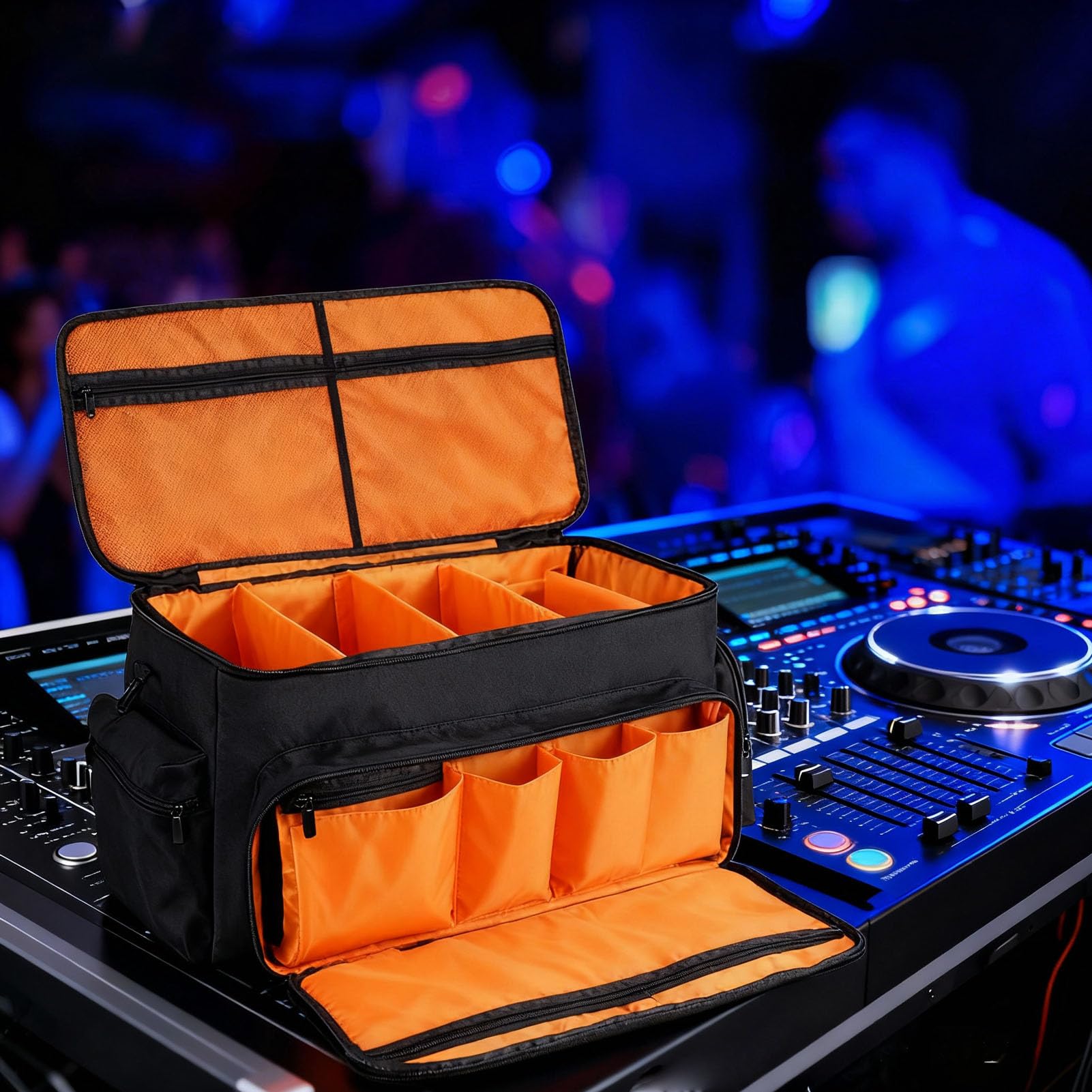 ASHATA Torba na Kable dla DJ-ów, Torba na Sprzęt Muzyczny o Dużej Pojemności z 6 Odłączanymi Przegródkami, Gruba Poduszka Dolna i Przegroda Laptopa, Sprzęt DJ-ski, Mikser,