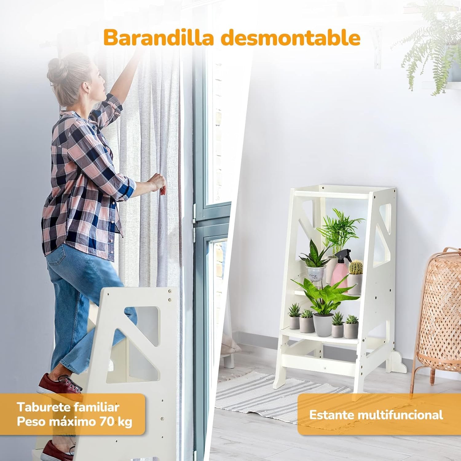 Image showing the Dripex Learning Tower with its removable handrail, demonstrating its use as a step stool for an adult and as a multi-functional storage shelf.