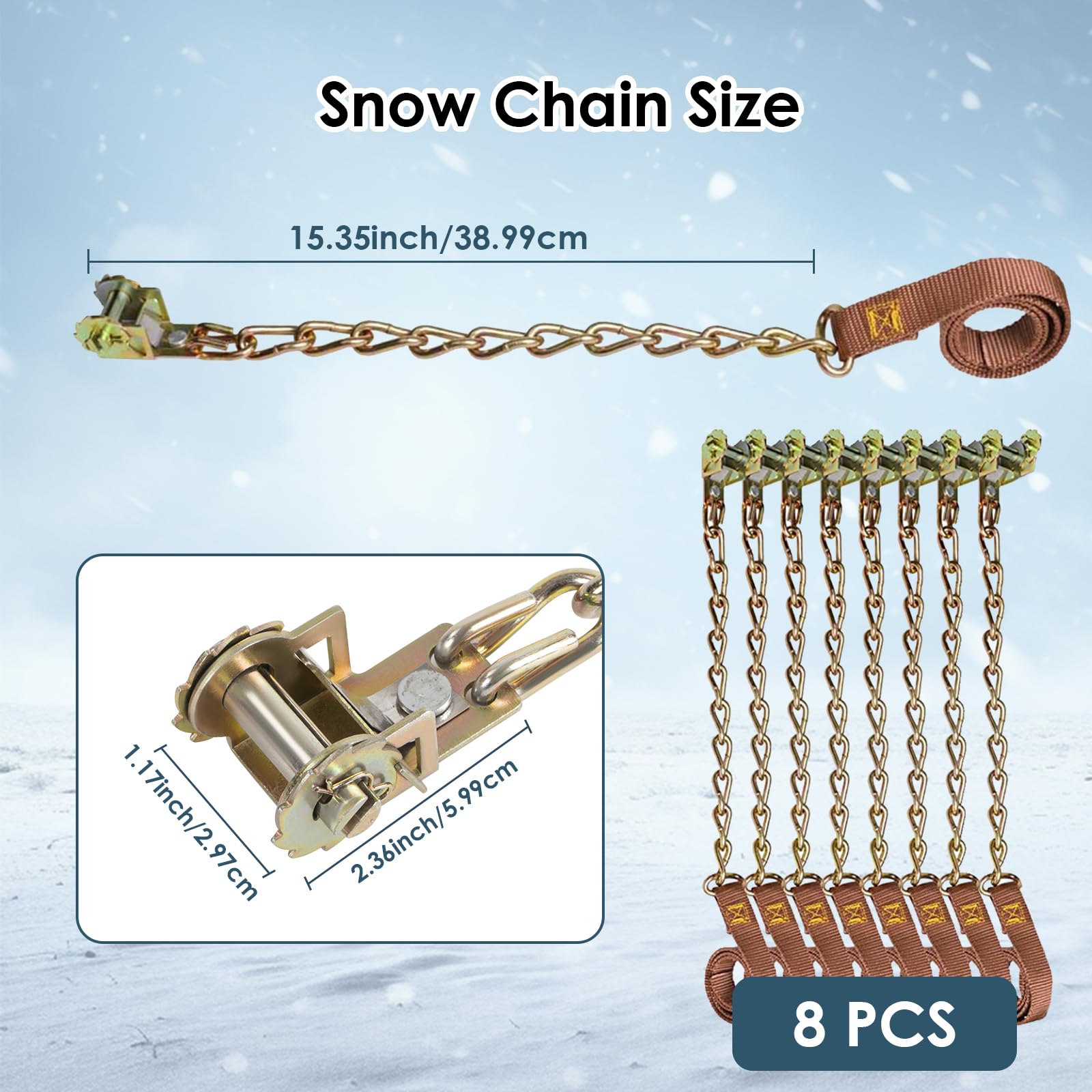 Cadena Nieve Coche 8 PCS para Todos los Tipos de Vehículos Mejorar la fricción del coche Instalación Rápida y Fácil Construcción Robusta y Duradera Cadenas Ruedas Nieve 165mm-265mm
