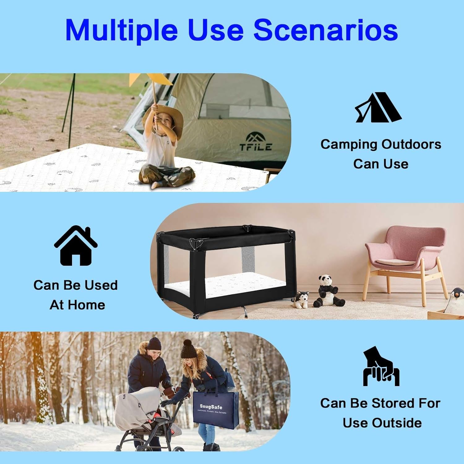 Pack and Play Mattress Pad (38"x26"x1.8"), Waterproof Pack n Play Mattress Pad with Anti-Slip Bottom, Portable Playpen Mattress with Carry Bag, 1.8" Thick