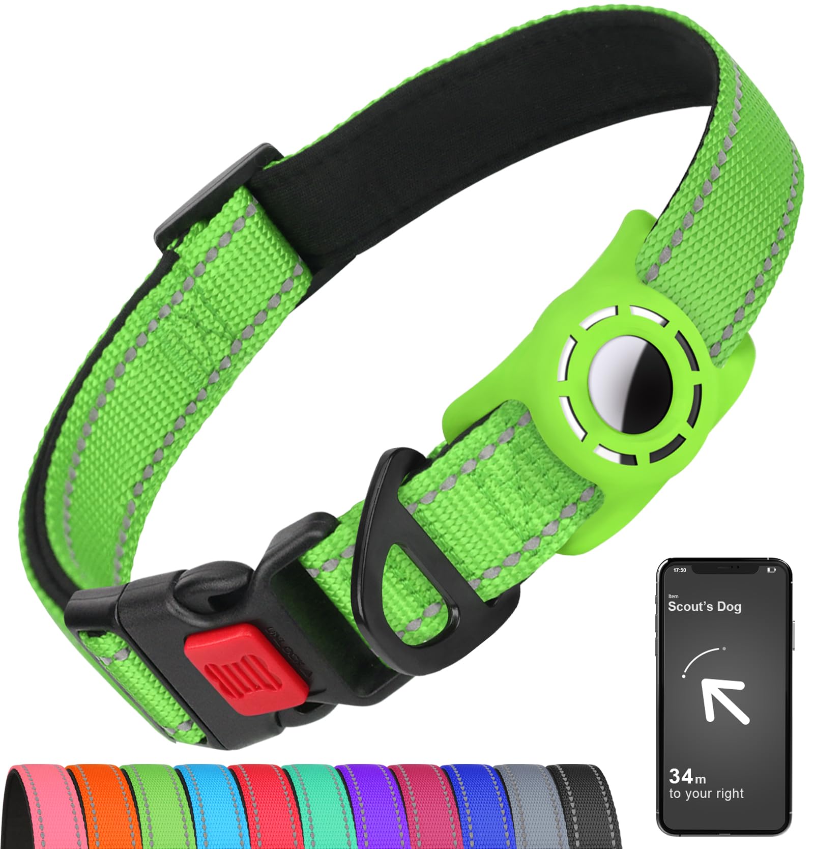 Airtag, Collare per cani per cuccioli, collari riflettenti per cani con supporto AirTag, morbida imbottitura e fibbia di bloccaggio di sicurezza, collare in nylon regolabile per tutte le razze,