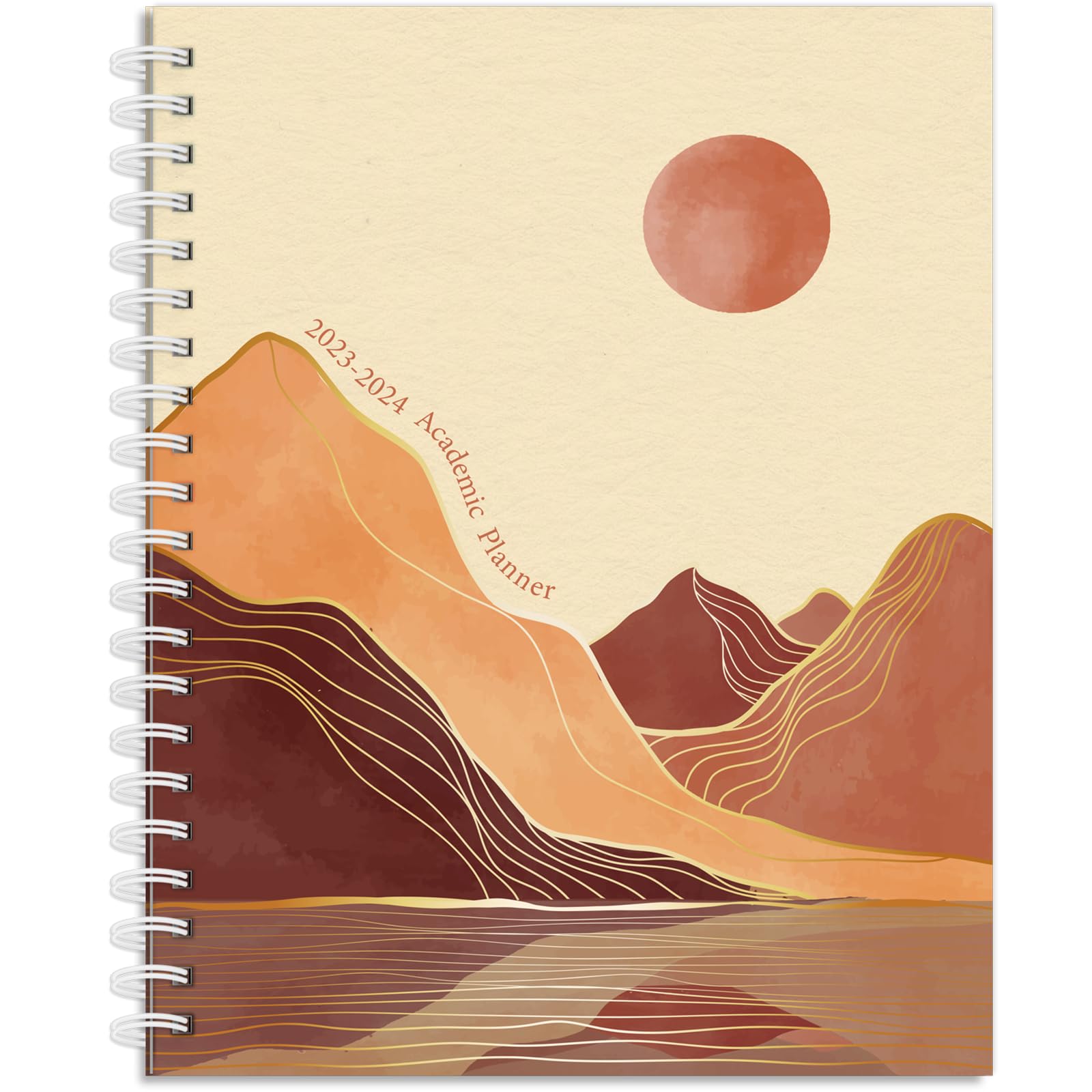 Photo 1 of bundle of 5---Hardcover Academic Year 2023-2024 Planner: (July 2023 Through June 2024) 8.5"x11" Daily Weekly Monthly Planner Yearly Agenda. Bookmark, Pocket Folder and Stickers Set (Golden Desert) Mountain