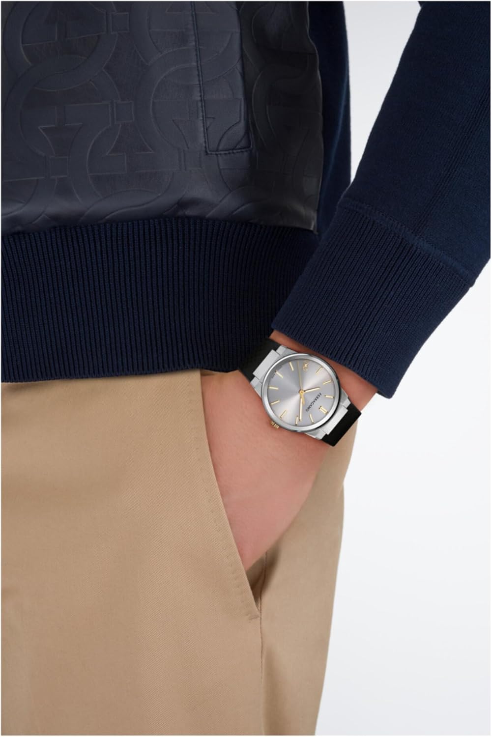 Ferragamo Ferragamo Infinity Sapphire Collection Luxury Mens Watch Timepieces with a Black Strap Featuring a Stainless Steel Case and a Silver Dial