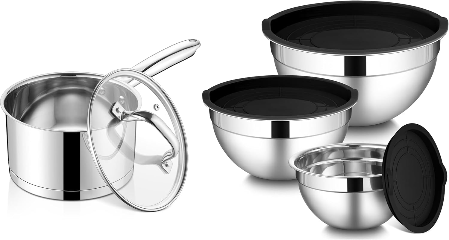 LIANYU Stainless Steel Mixing Bowls with Lids Set of 3, 3 Quart Saucepan with Visible Lid for Kitchen Cooking, Dishwasher Safe