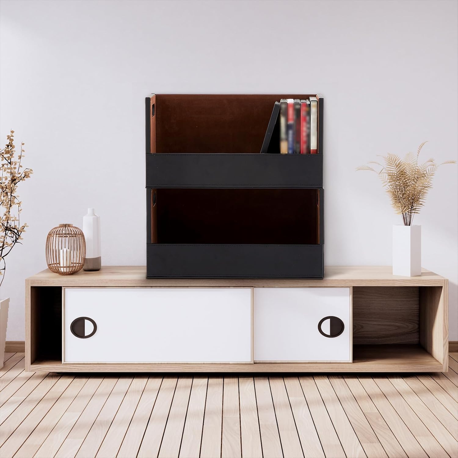 2 Set Leather Dvd Storage Box Stackability Dvd Storage Shelf Holder Racks Cassette Tape Display Stand with Carrying Handles for Movie Cases Organizer Can Store up to 52 Boxes