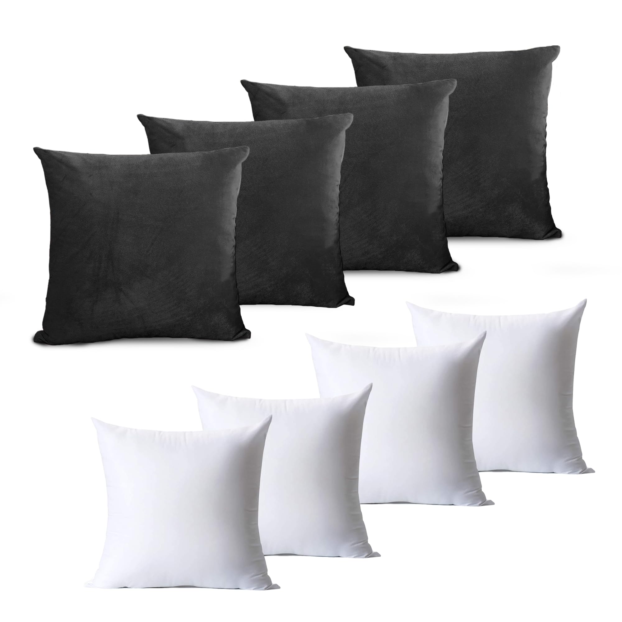 Hafaa Velvet Cushions with Covers Included Set of 8 (4 Black Cushion Covers, 4 Cushion Inserts 45cm x 45cm) Luxury Decorative Fluffy Square Throw Pillow Case Sofa Cushion with Invisible Zipper 18"x18" โ image 1