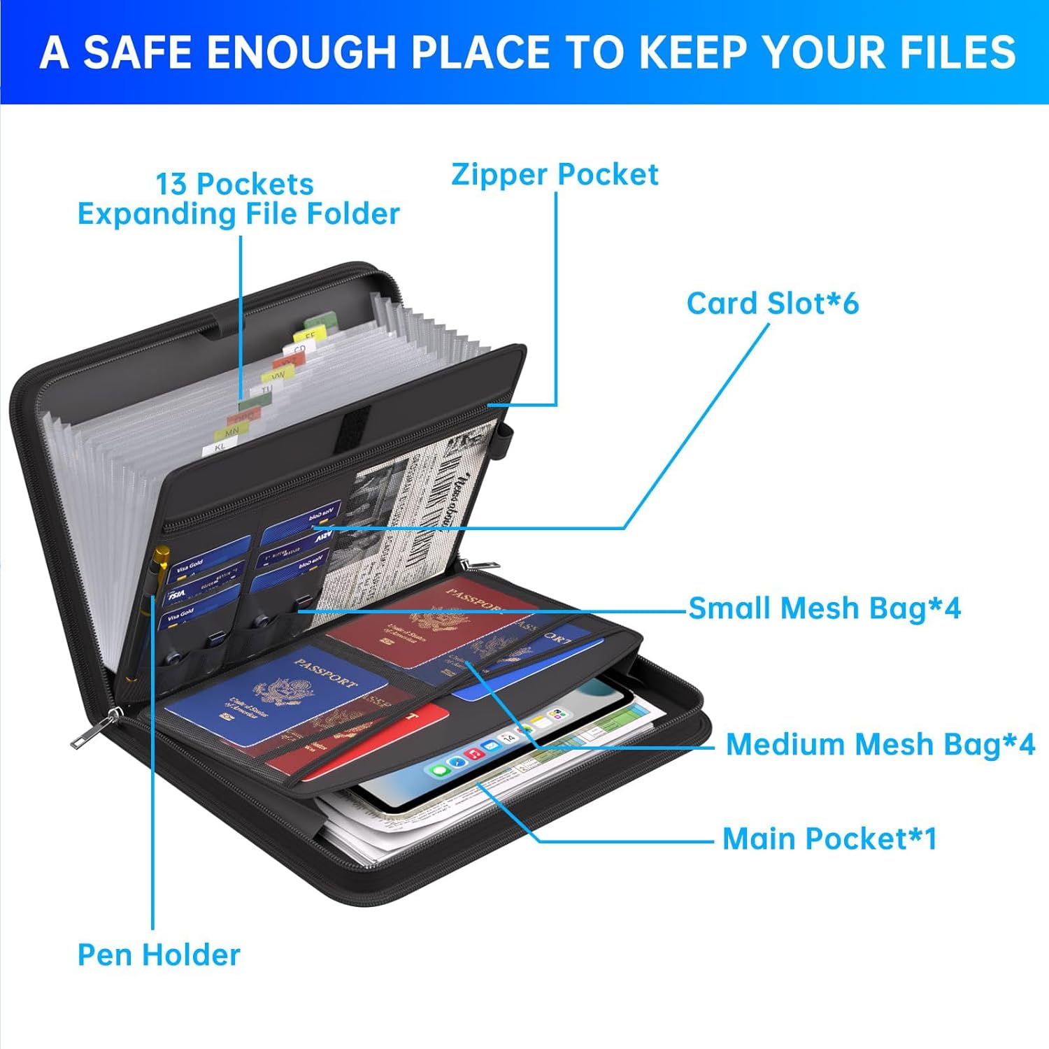 Accordion File Organizer - Fireproof Document Box- 13 Pocket Expanding Folder for A4 Files, Receipts | Portable Home Travel Safe Storage If I Die Binder Organizer with Labels