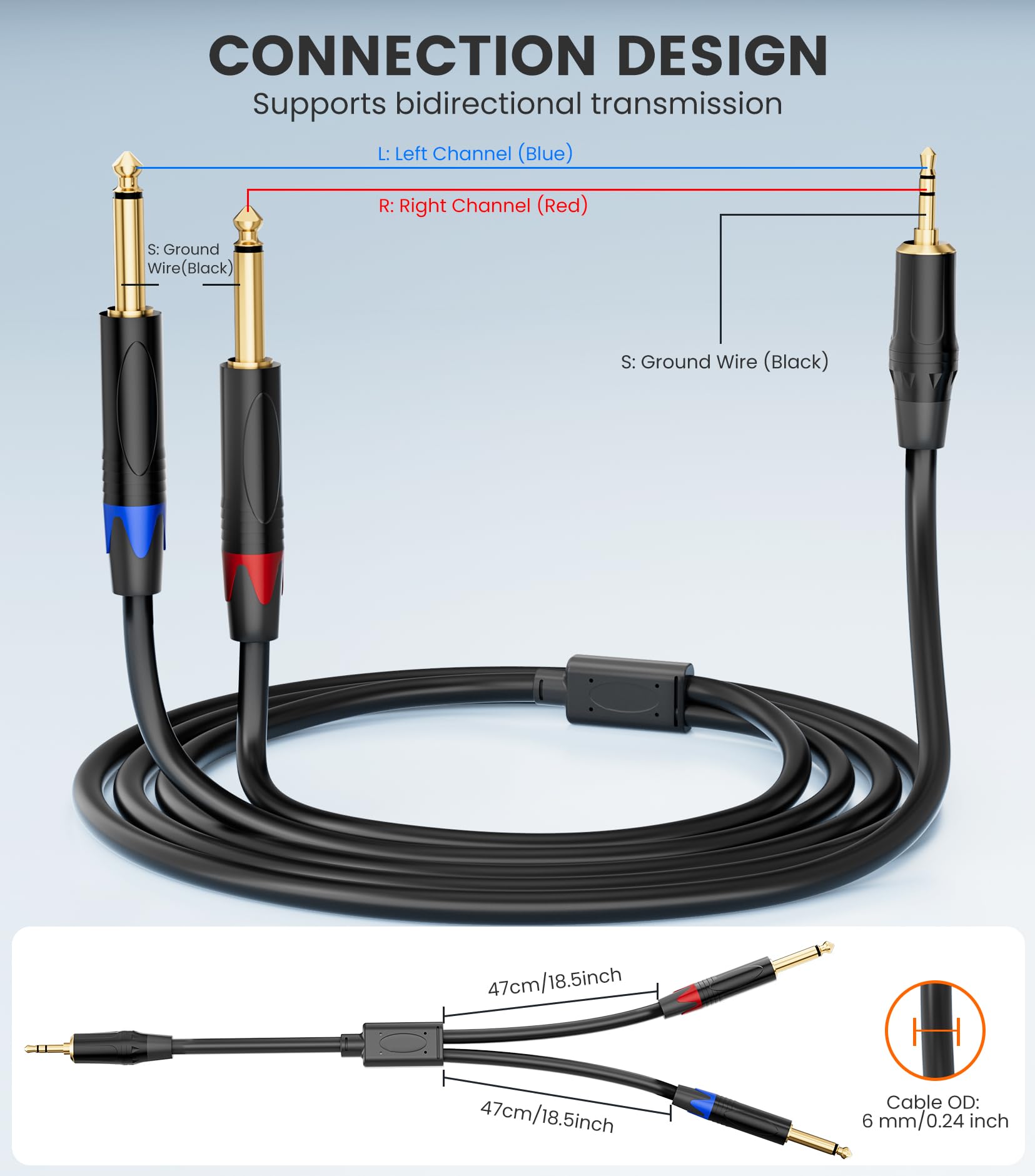 JOMLEY 1/8 ila 1/4 Stereo Kablo, Çift 1/4 İnç TS Mono - 1/8 İnç