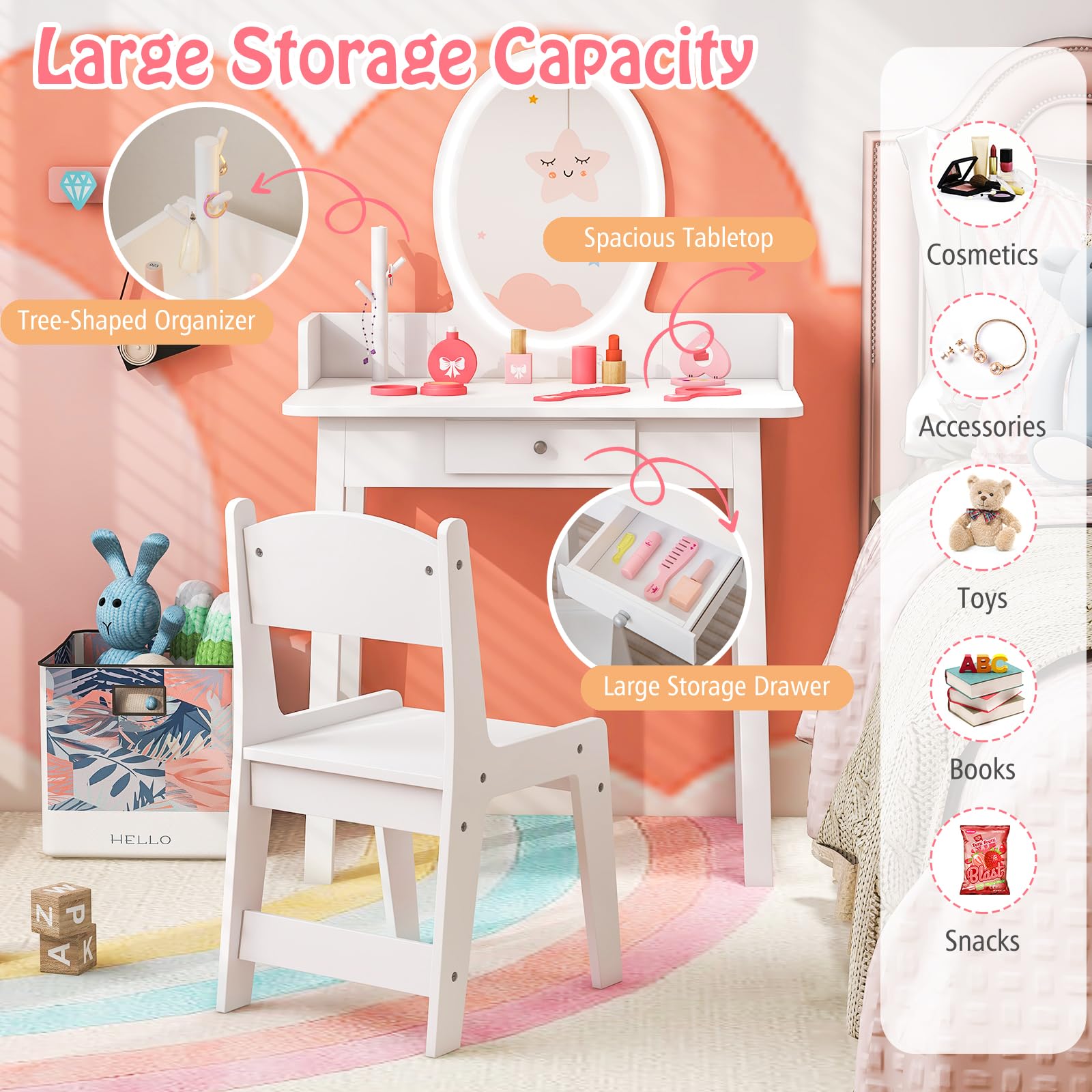 LIFEZEAL Toeletta per Bambini con Sedia e Specchio LED a 2 Colori, Tavolo da Trucco per Ragazze con Cassetto e Organizer a Forma di Albero, Set da Scrivania per Bambini dai 3 a 8 Anni