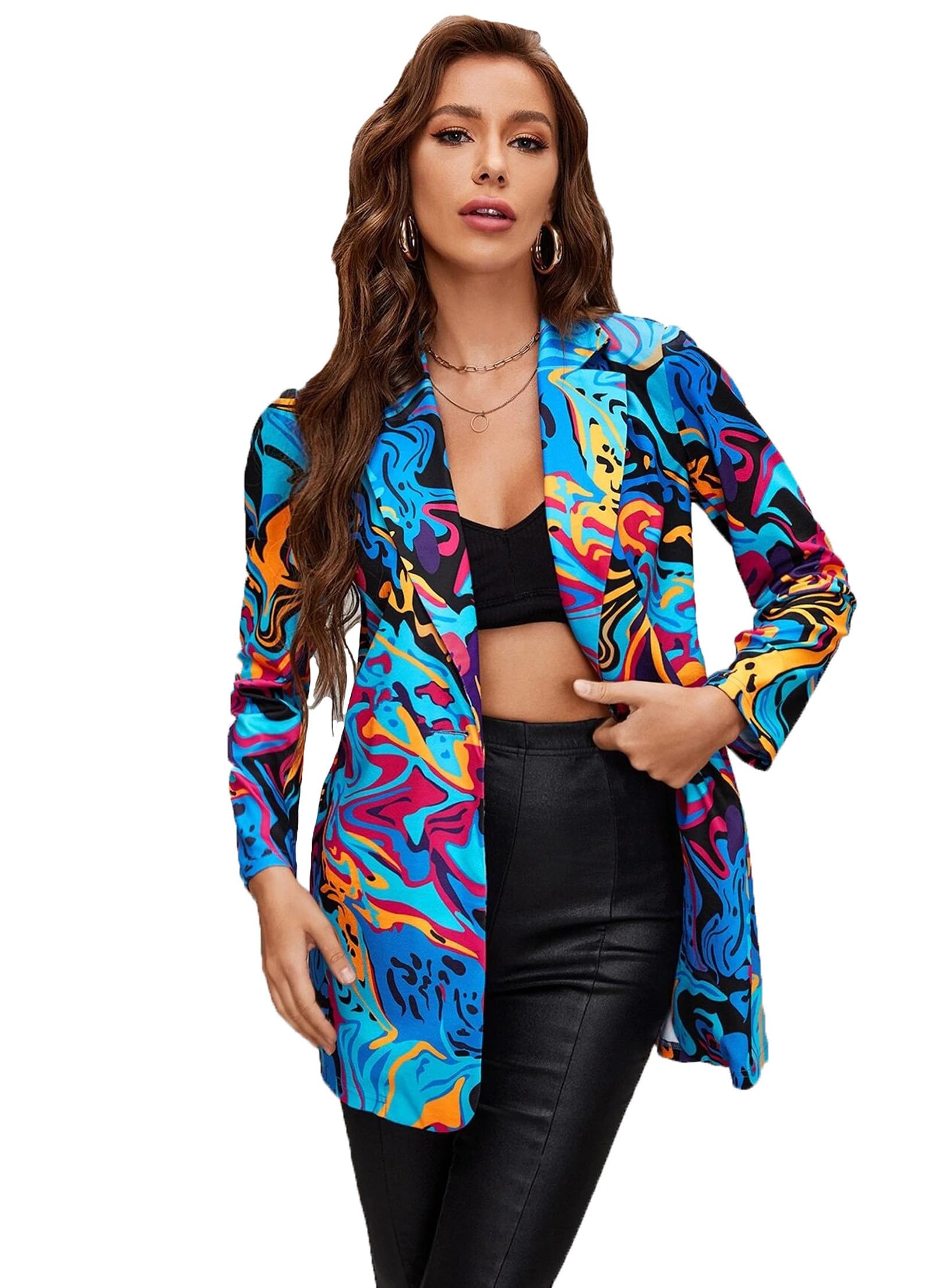 Womens Graphic Printed Blazer Button Open Front Colorful Long Sleeve Notch Lapel Pop Art Jacket Multicolored
