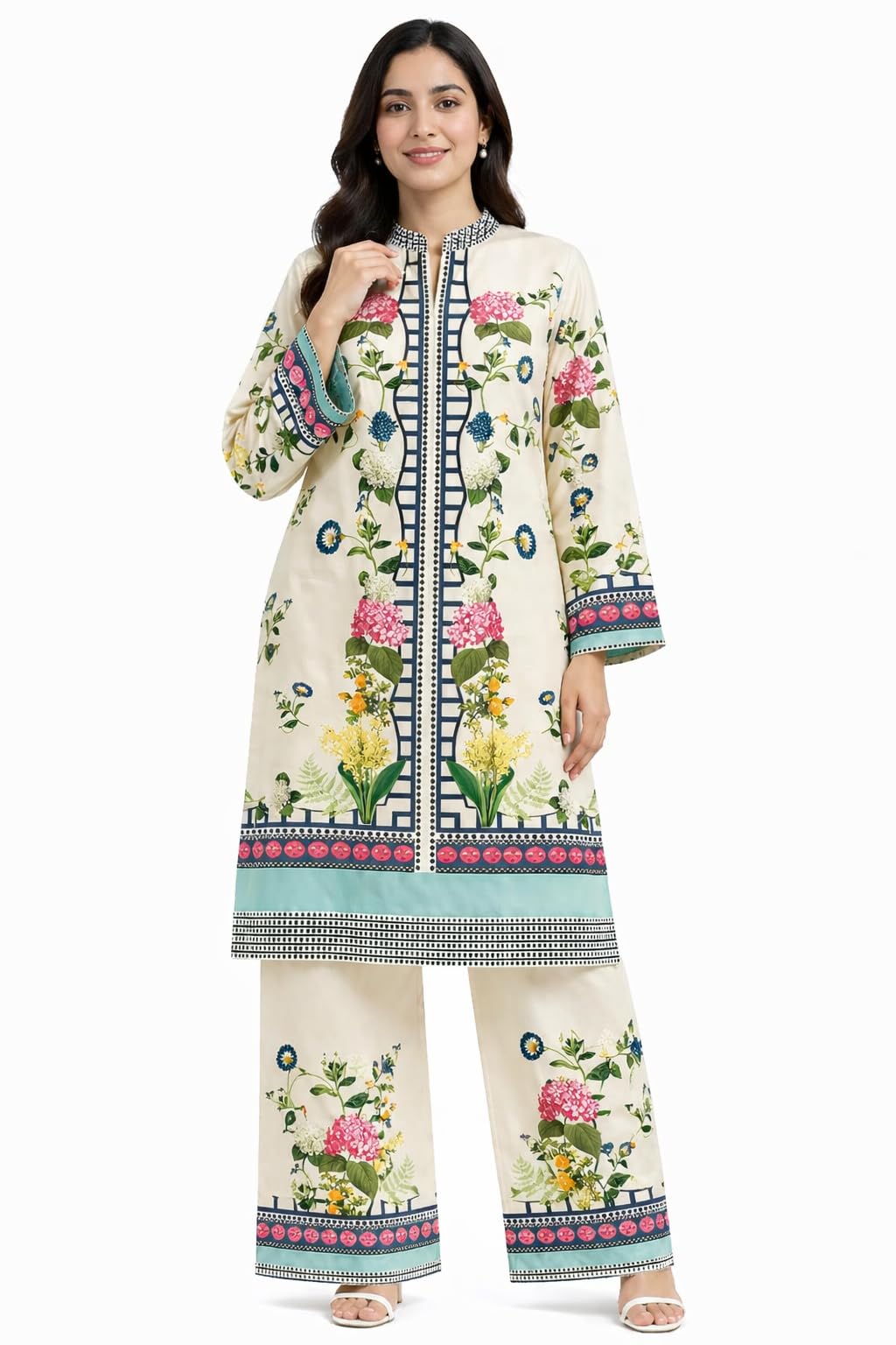 S.P. Collection's Floral Printed Kurta Pant Set, Cotton, Straight Fit, Notch Neckline, 3/4 Sleeves, Wide-Leg Palazzo, Festive and Casual Wear (IN, Alpha, 3XL, Regular, Ivory)-picture-29