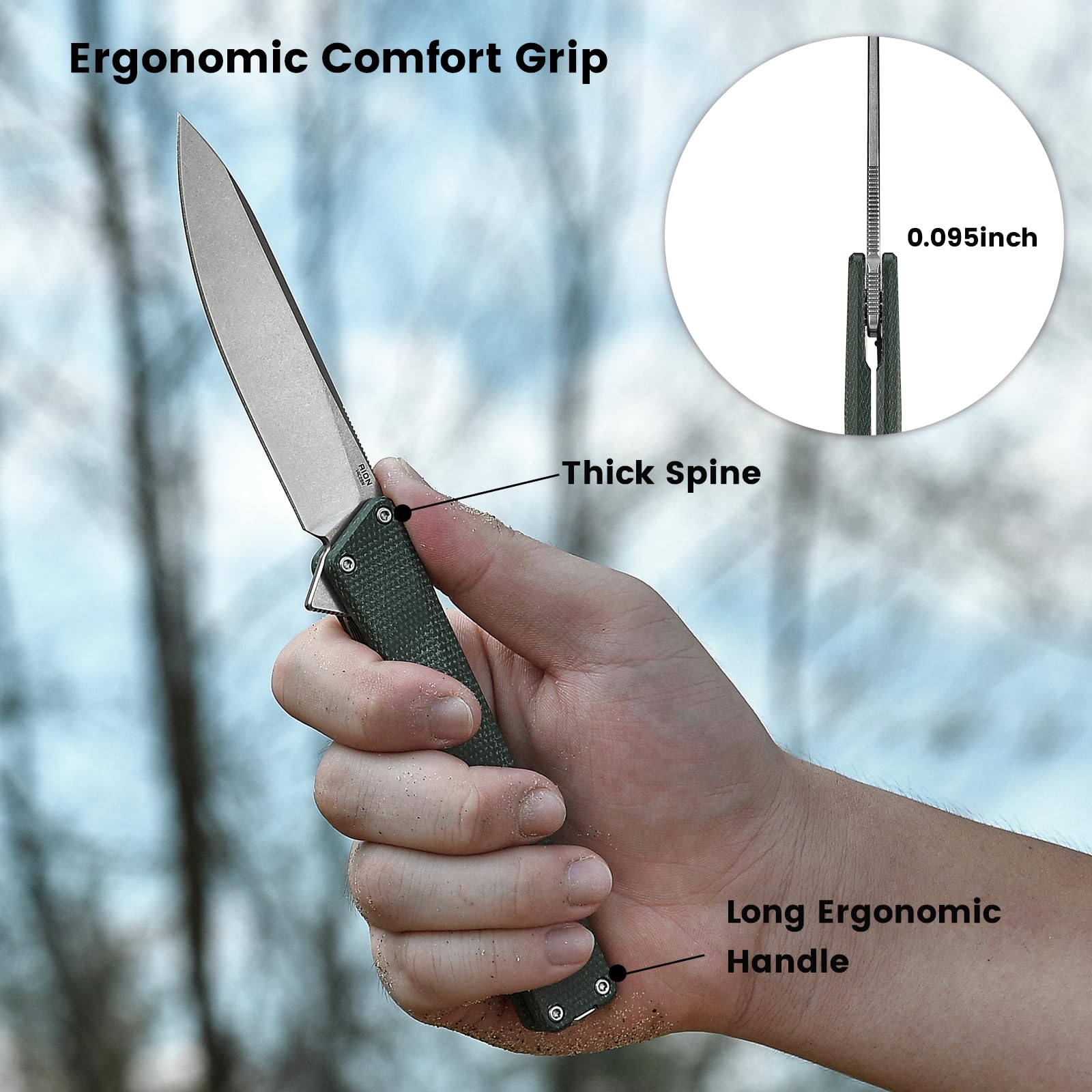 OKNIFE AION Folding Pocket Knife, 3.53-Inch 14C28N Steel, Durable Handle with Deep Carry Pocket Clip, Rail Lock EDC Knife Ideal for Camping Hiking Hunting (Green Micarta)