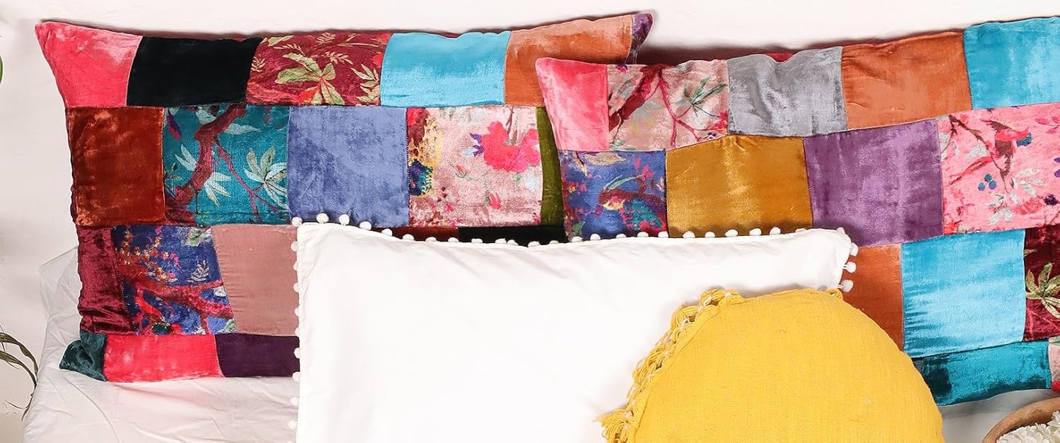 Luxe Boho Decor Art Pillowcase Set Solid Hippie Stylish UO Large Unique Velvet Pillow Cover Set of 2 (Patch Assorted, 26x26 Inches)
