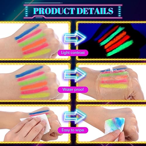 Miniatura 10 de 24 lápices de pintura facial que brillan en la luz negra, pintura facial de neón, kit de pintura para el cuerpo, luz UV, maquillaje fluorescente de