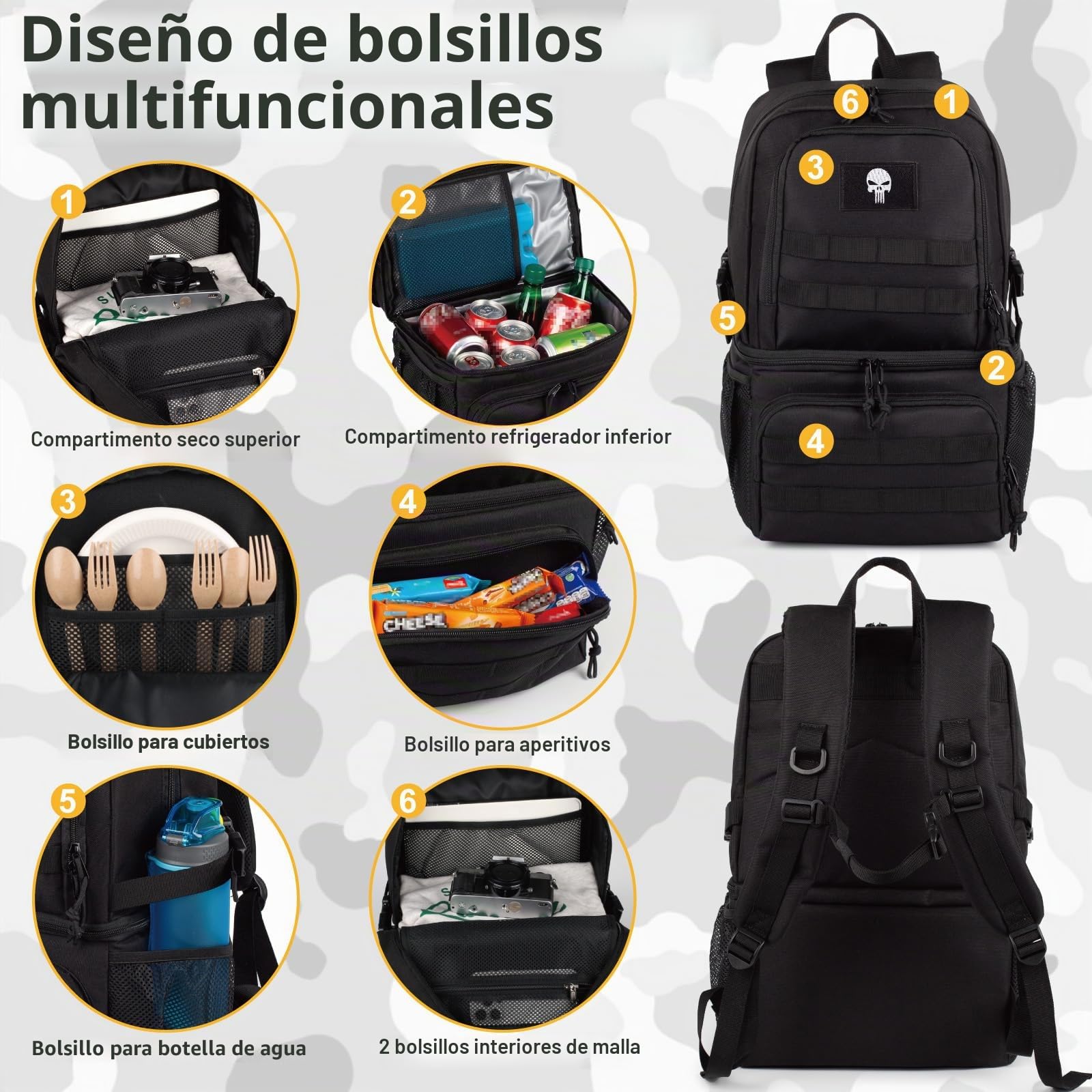 Mochila Táctica Refrigerada para Hombre, 25L con 2 Compartimentos | Mochila Táctica Doble Compartimento, Bolsa Almuerzo Suave Aislante Antifugas, 2 Niveles Para Camping Y Picnic al aire libre