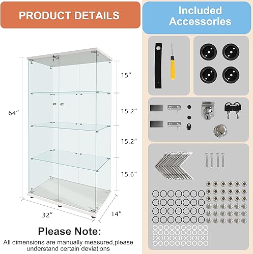 Miniatura 51 de FANYUSHOW Vitrina de cristal templado con 4 estantes con cerradura de seguridad, estante de exhibición de 0.197 in para sala de Blanco,Negro