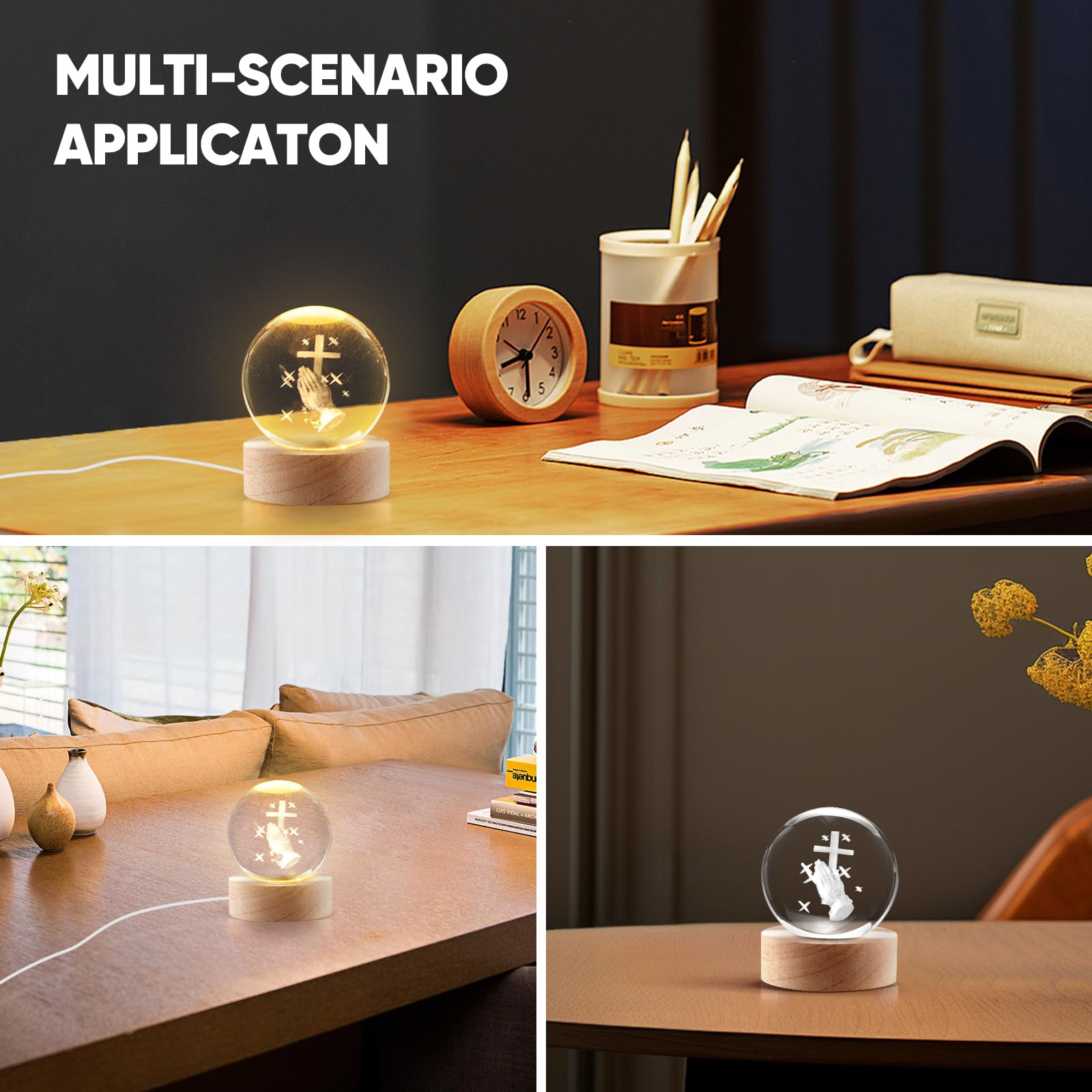 DCQRY Luce notturna a sfera di cristallo con sistema solare 3D, lampada a sfera con base in legno, alimentata tramite USB, lampada da comodino per