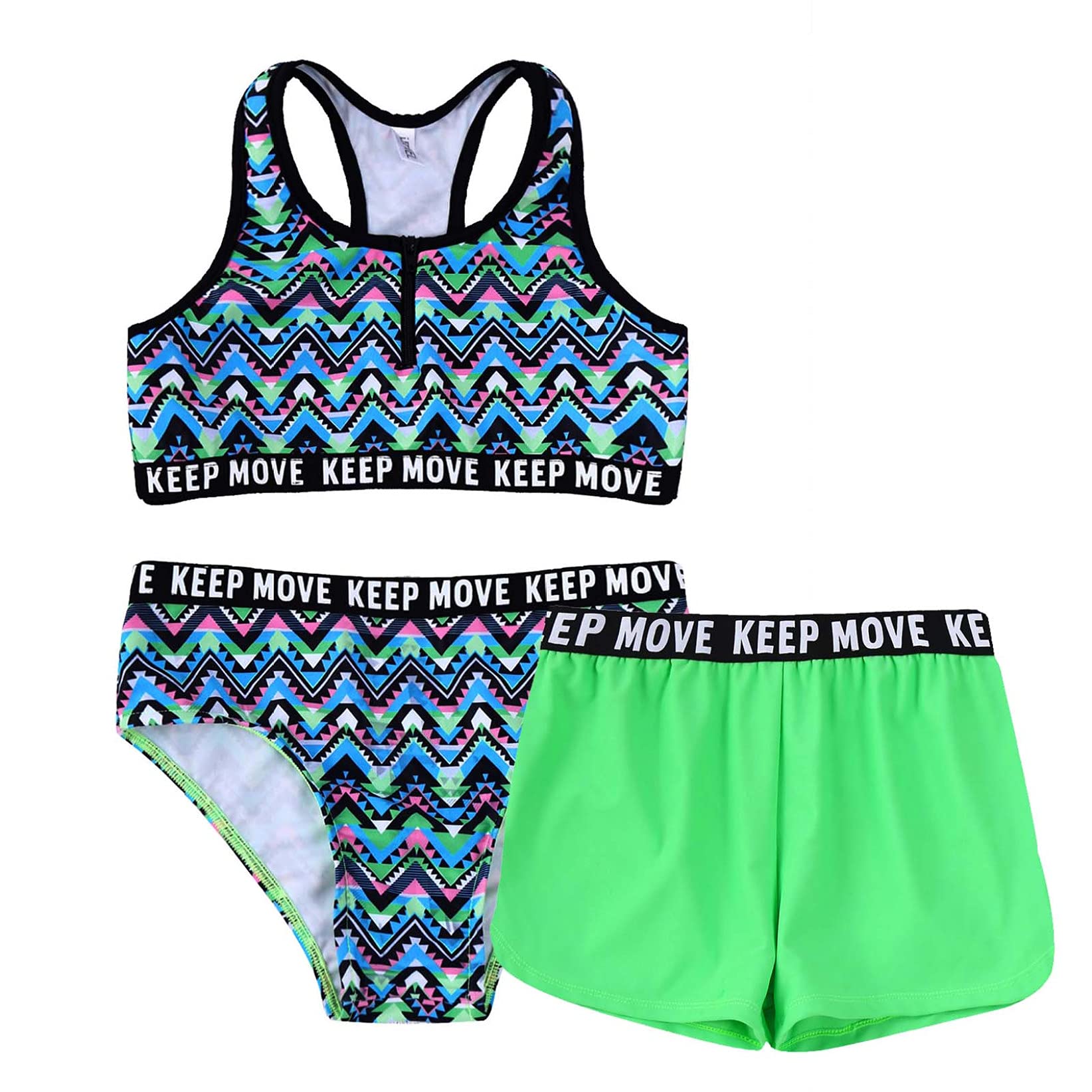 TTAO Little Kid Girls 3Pcs Athletic Tankini Swimsuit Set Crossback Top with Boyshort Bottom Bathing Suit Mint Green 10 Years