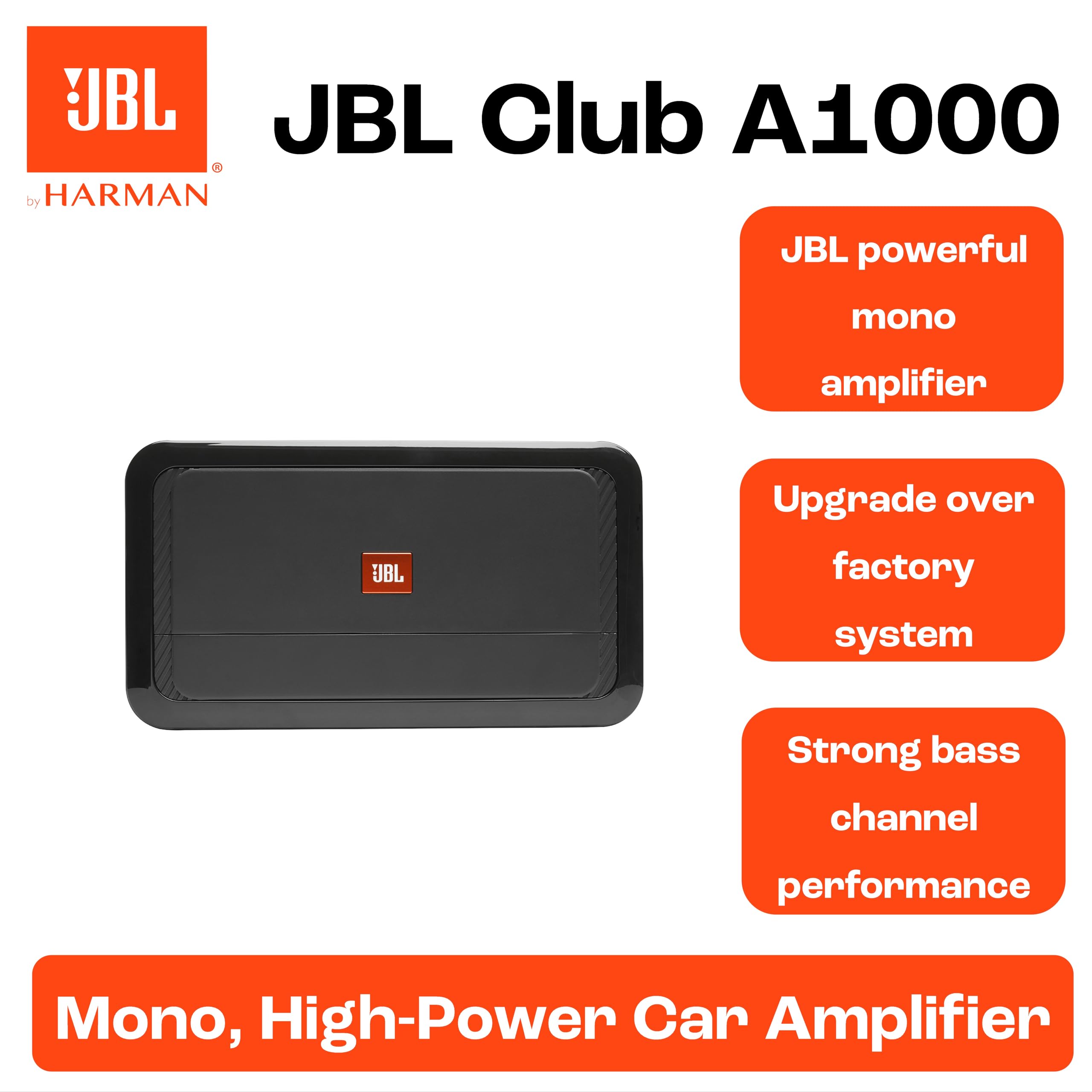 JBL Club A1000 Amplificateur Mono Subwoofer avec 600W RMS sous 4Ω, 1000W RMS sous 2Ω, Technologie Class D, réponse 10–320Hz, Filtre Passe-Bas Variable, Boost de Basses et télécommande fournie