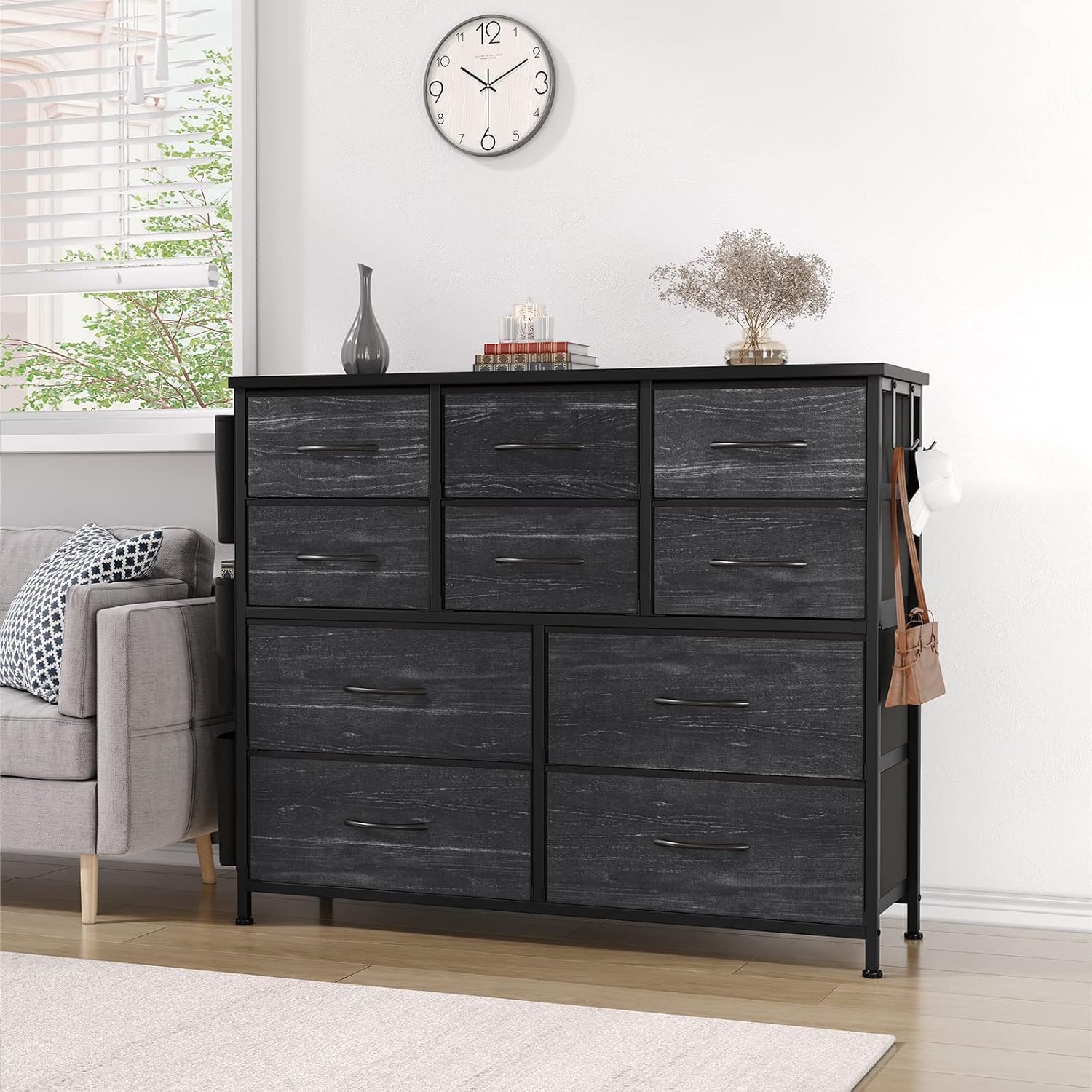 10 Schubladen Kommode aus Stoff, Faltbarer Schubladenschrank mit Metallrahmen und MDF-Platten, Aufbewahrungsschrank für Schlafzimmer Flur Wohnzimmer, Tragbarer Kleiderschrank Organizer mit 10 Fächern