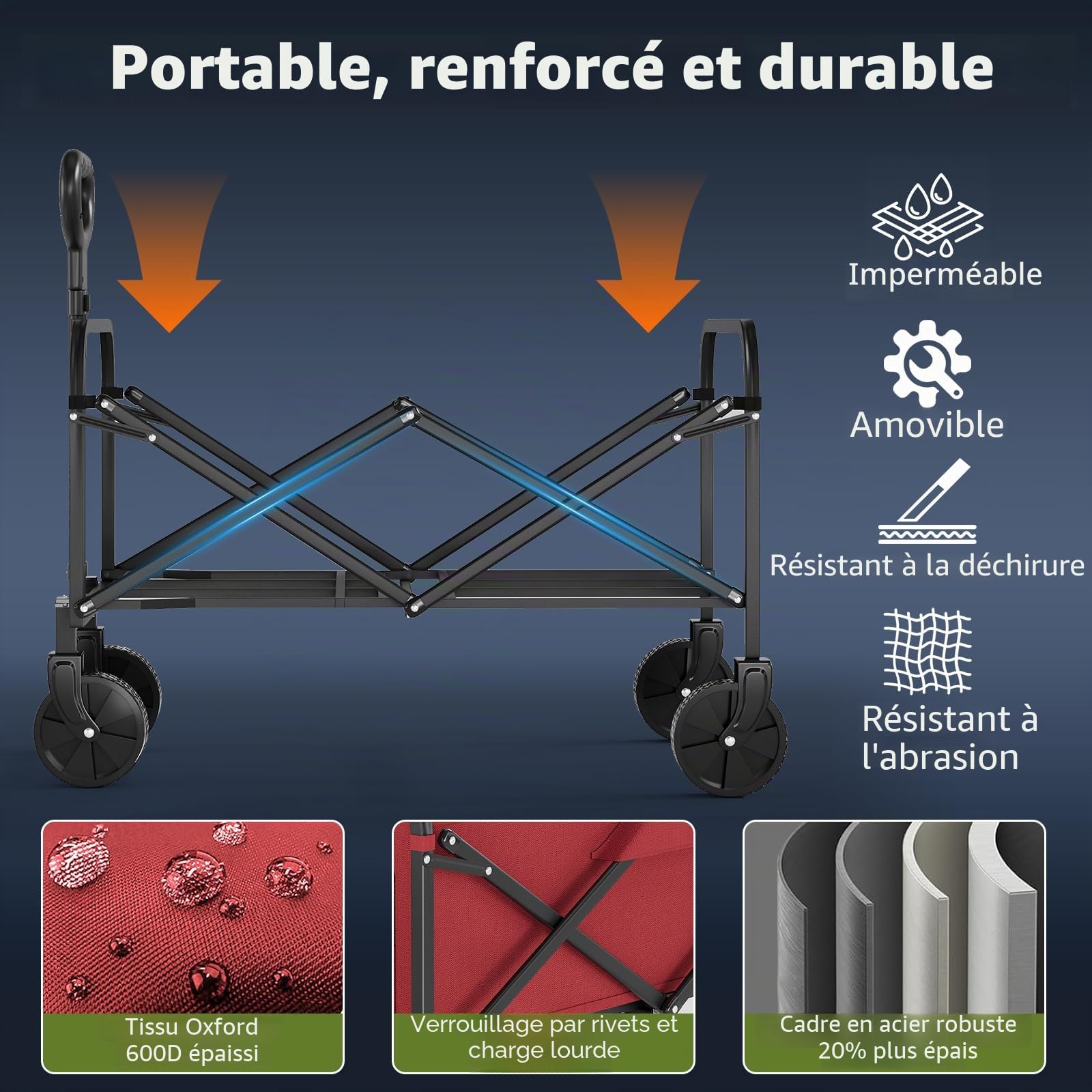 Chariot Pliable de Transport Léger 5,3 kg, Chariot de Jardin Largeur pliée 14 cm, Tissu Oxford 600D, Charge 172kg, 220 L, 2 roulettes Universelles pour Camping, Shopping, Extérieur