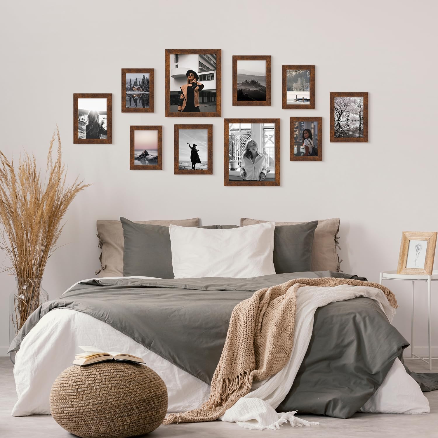 iRahmen Collage Picture Frames Set of 10, Wall Decor for Mounting or Tabletop Display, Family Photo Gallery Frame Set - Multi Sizes Including Two 8x10, Four 5x7, Four 4x6, HD Glass, Rustic Wood, Dark Brown