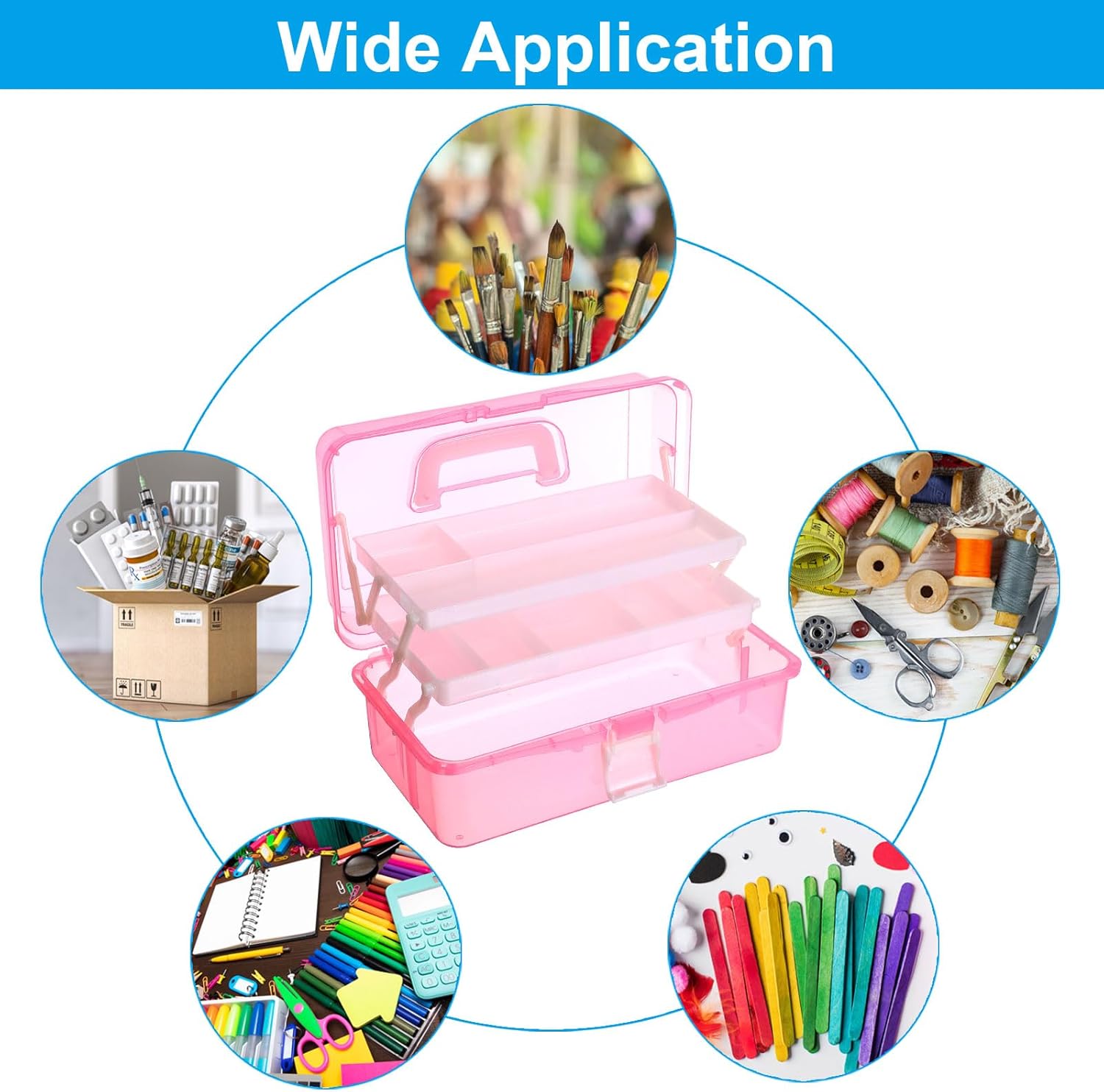 PATIKIL 12" Three-Layer Art Storage Box, Multifunctional Portable Tool Case Holder Container Organizer with Handle for Art Craft Cosmetic Home Travel, Pink