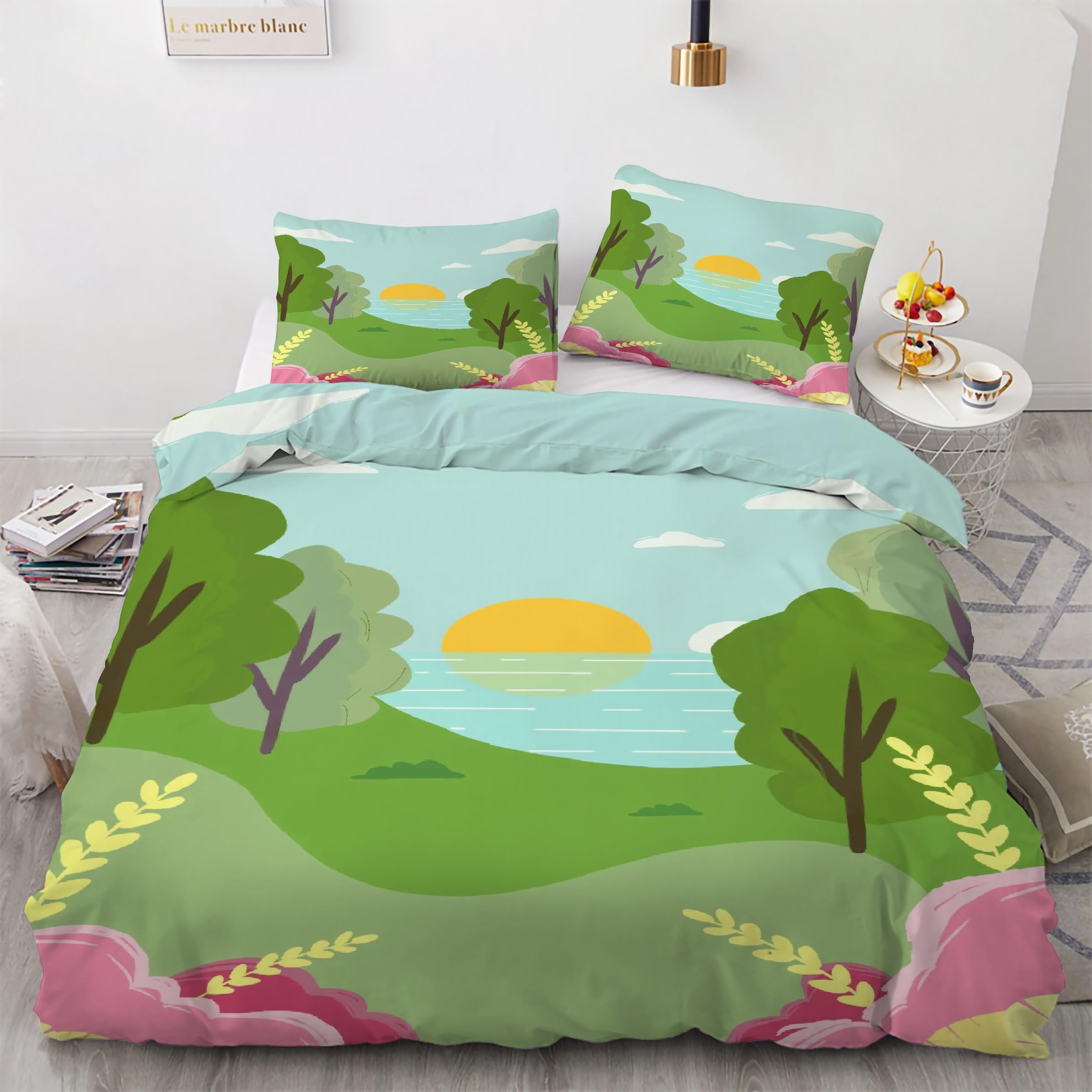 Ensemble de literie 3 pièces avec housse de couette microfibre et taies d'oreiller paysage