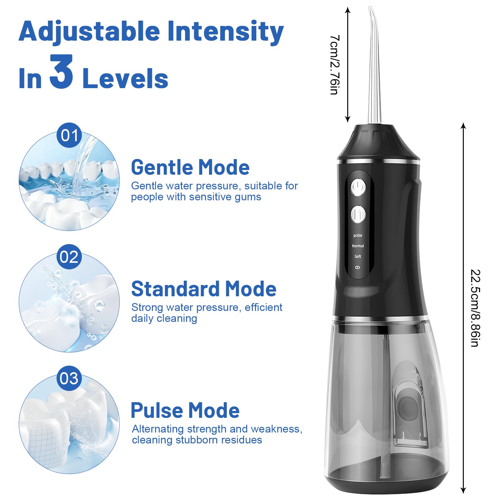 Idropulsore Dentale Oral,Irrigatore Orale,Idropulsore Dentale Portatile,Elettrico Oral Water,con 5 Modalità e 6 Beccucci,Serbatoio da 380ml,Impermeabile IPX7,per Uso Domestico e Viaggi(Nero)