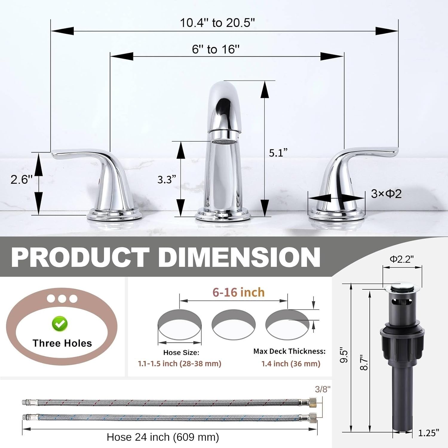 Bathroom Sink Faucet 3 Holes Chrome, ALEASHA Widespread Bathroom Faucet, Bathroom Faucets with Pop Up Drain with Overflow, Washroom Faucets with 304 Stainless Steel Lead-Free Hose
