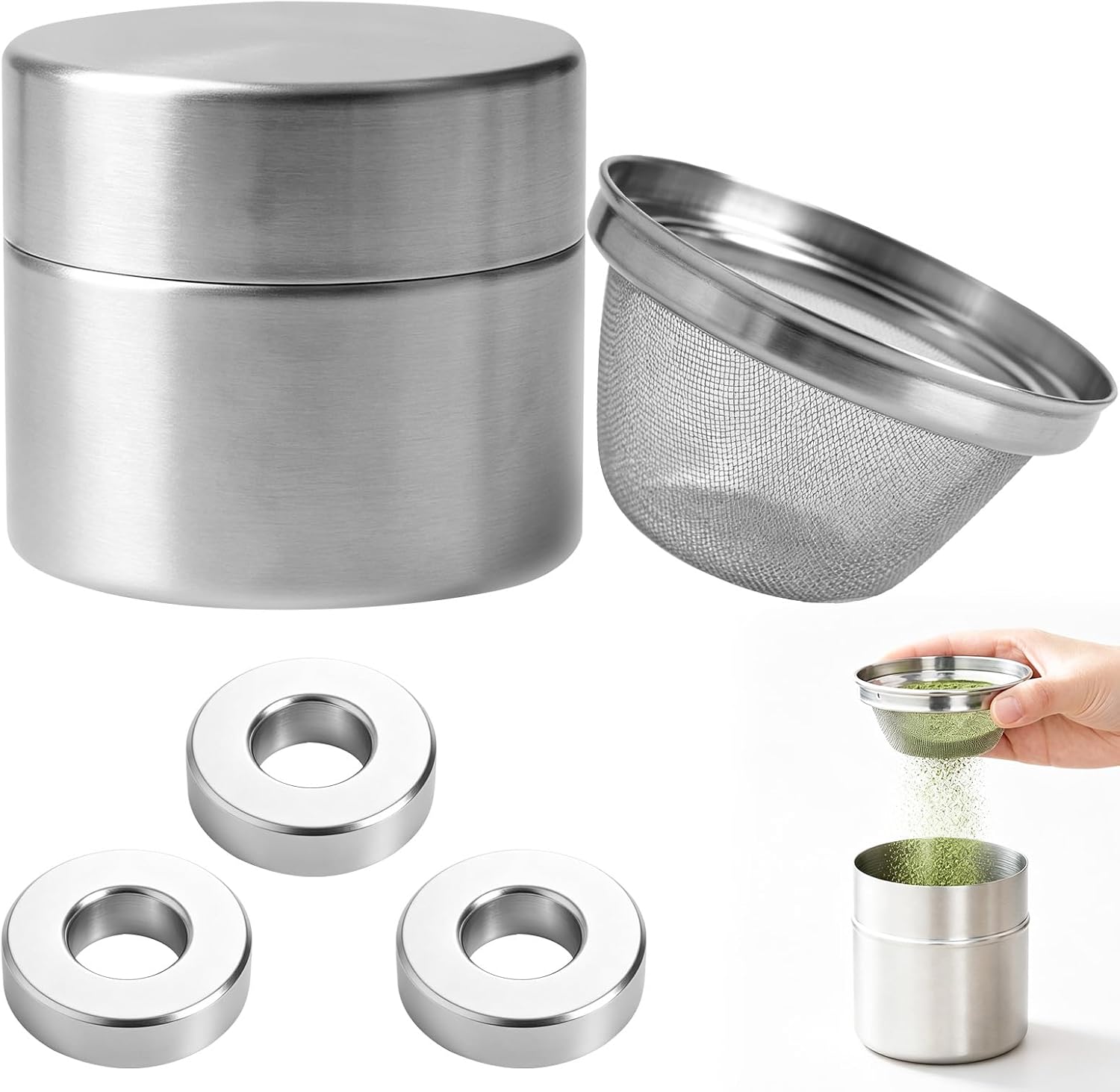 Matcha Powder Sifter & Storage Tin Set, Stainless Steel Tea container