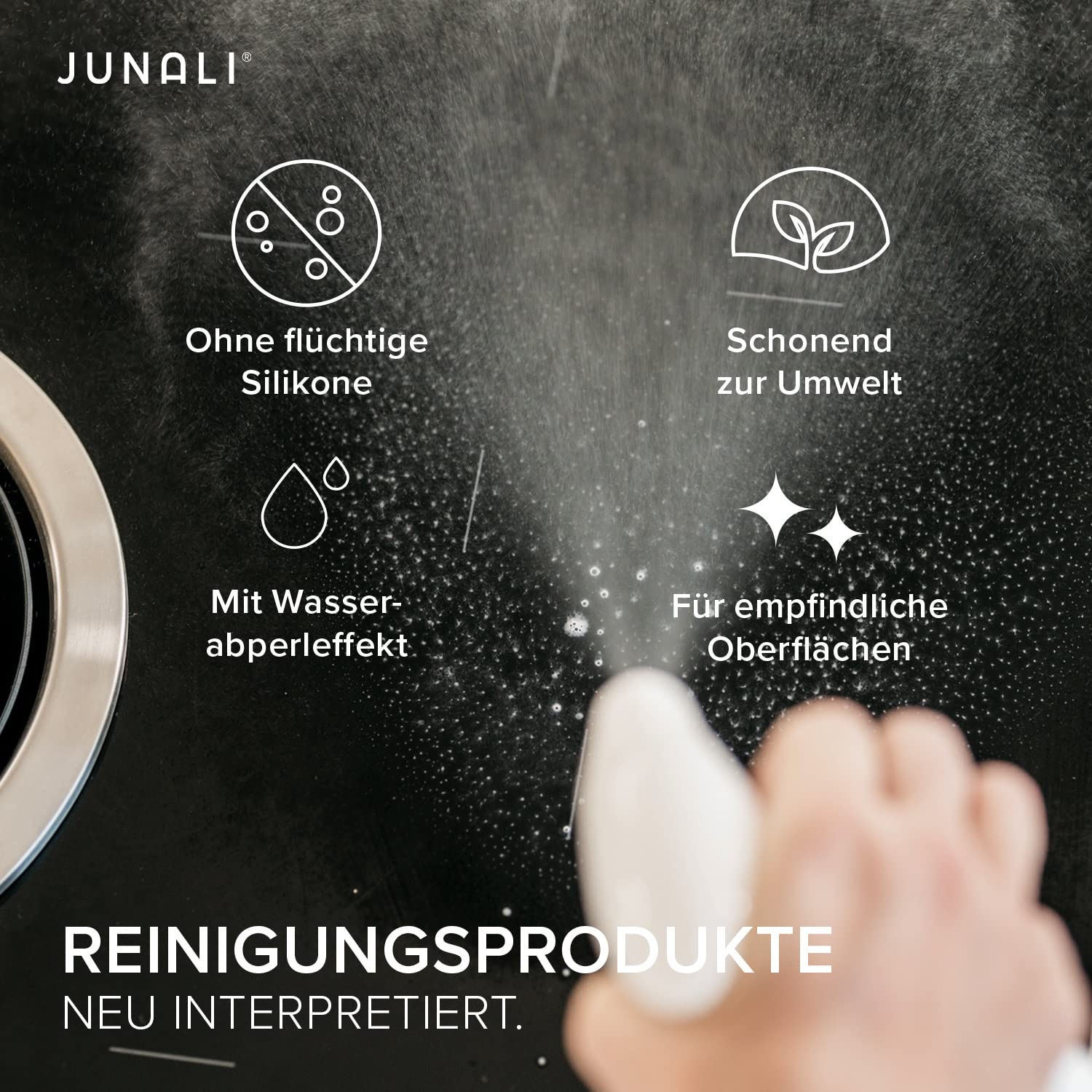 JUNALI Oberflächen Glanzreiniger, Pflege für Hochglanz Küchen, antistatisch mit Perl Effekt, Sprühversiegelung für Naturstein, Chrom, Glas, Kunststoff, lackierte Holzmöbel (2,5 L)