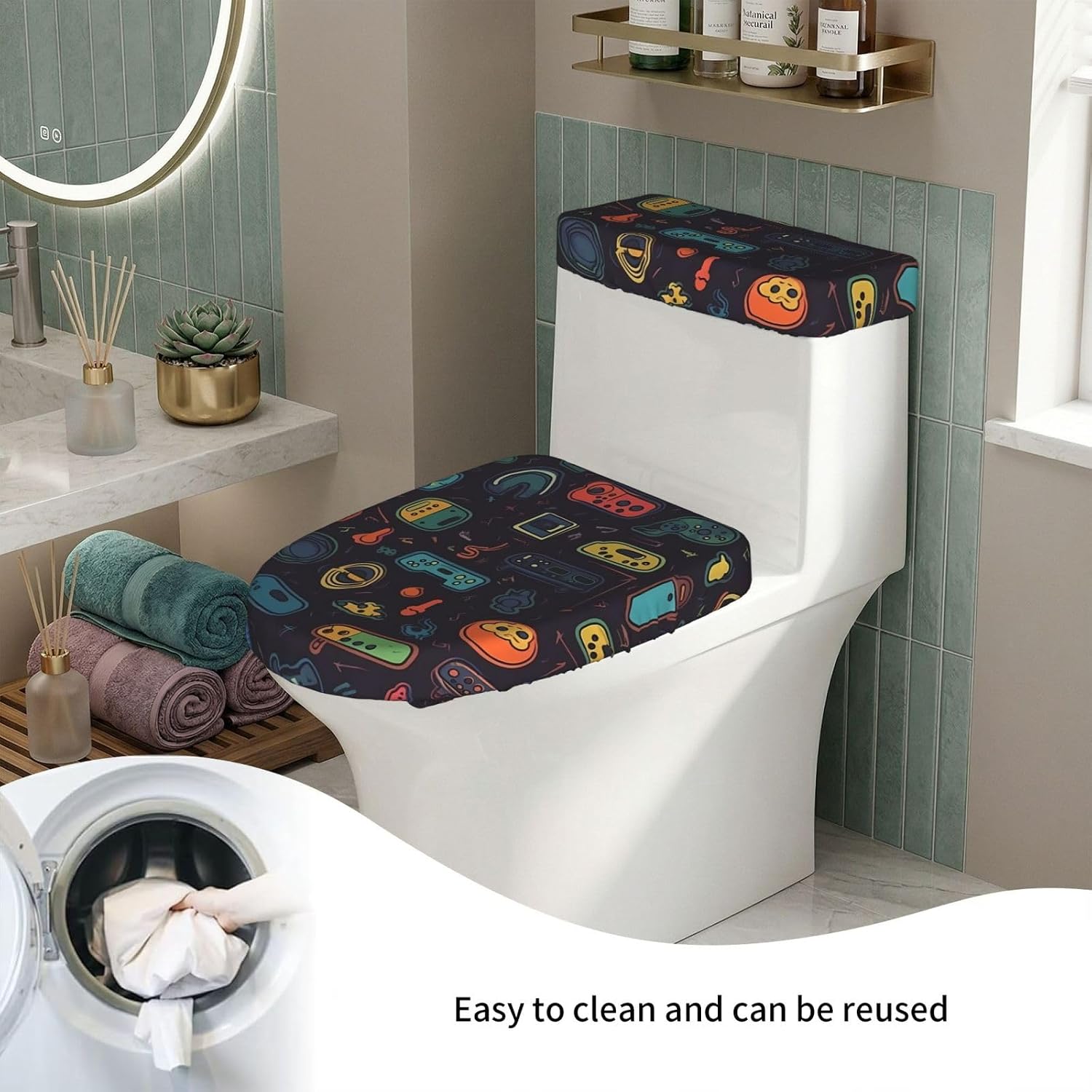 Game Video Gaming Pattern Toilet Tank Cover And Toilet Lid Cover Set Stretch Bathroom Toilet Lid Seat Cover