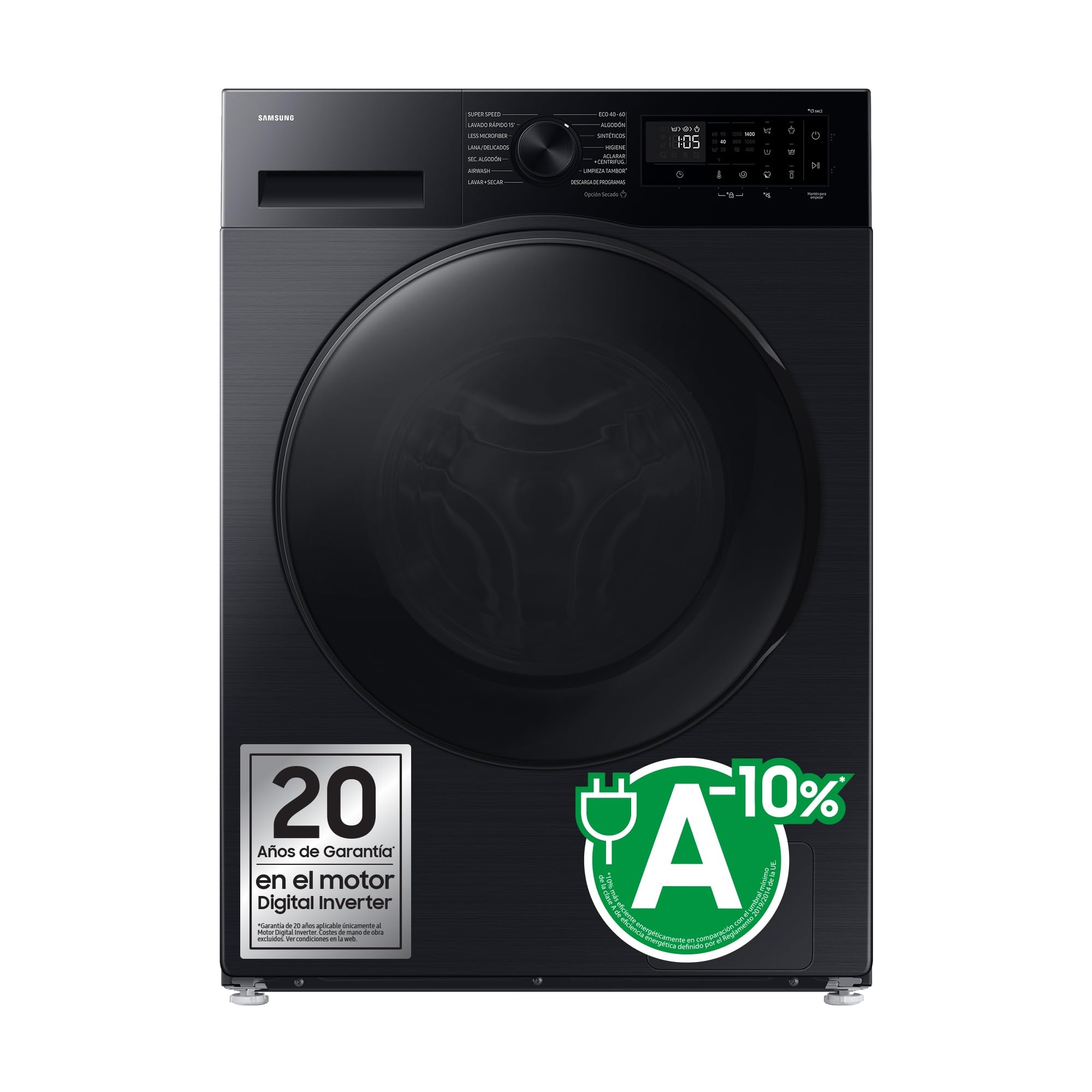 Lavasecadora Samsung con fondo reducido, 9kg/5kg, AI Ecobubble™, Programa Super Speed 39, AirWash, Clase E/A-10%, Negra - WD90DG5G34BBEC